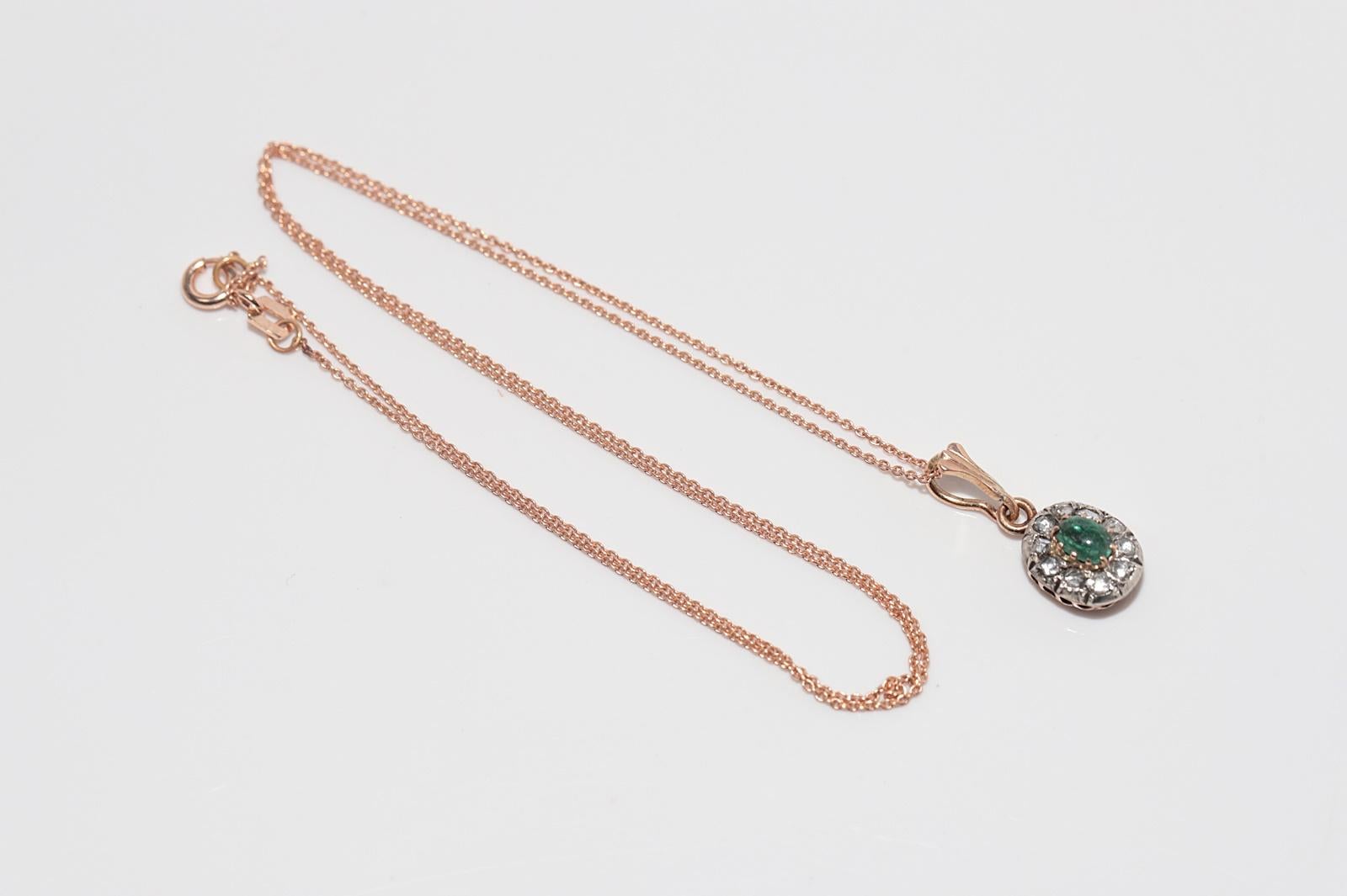 Antique 14k Gold Top Silver Natural Rose Cut Diamond Emerald Necklace For Sale 8