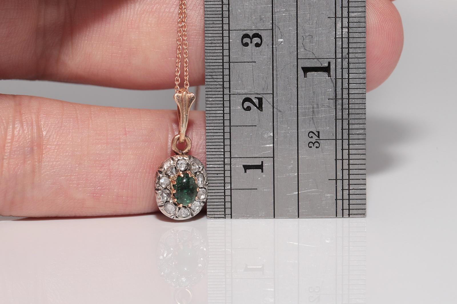 Antique 14k Gold Top Silver Natural Rose Cut Diamond Emerald Necklace For Sale 9
