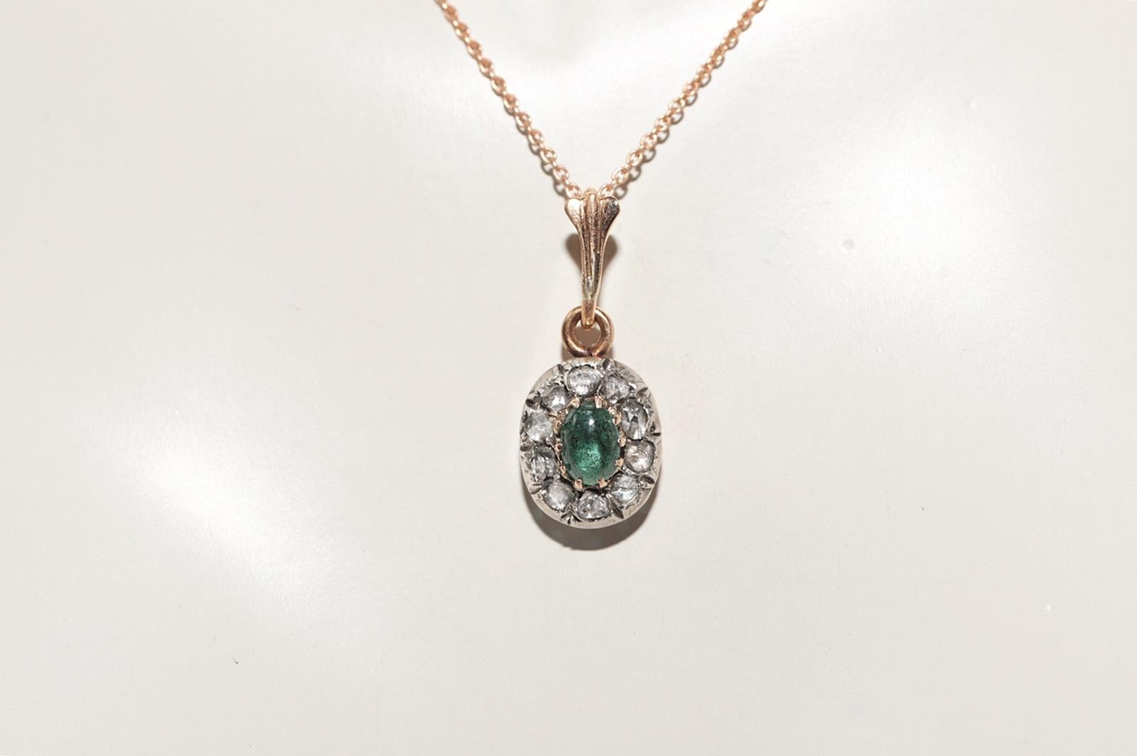 Victorian Antique 14k Gold Top Silver Natural Rose Cut Diamond Emerald Necklace For Sale