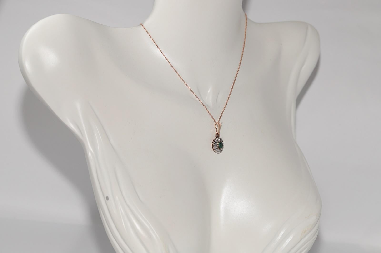 Antique 14k Gold Top Silver Natural Rose Cut Diamond Emerald Necklace In Good Condition For Sale In Fatih/İstanbul, 34