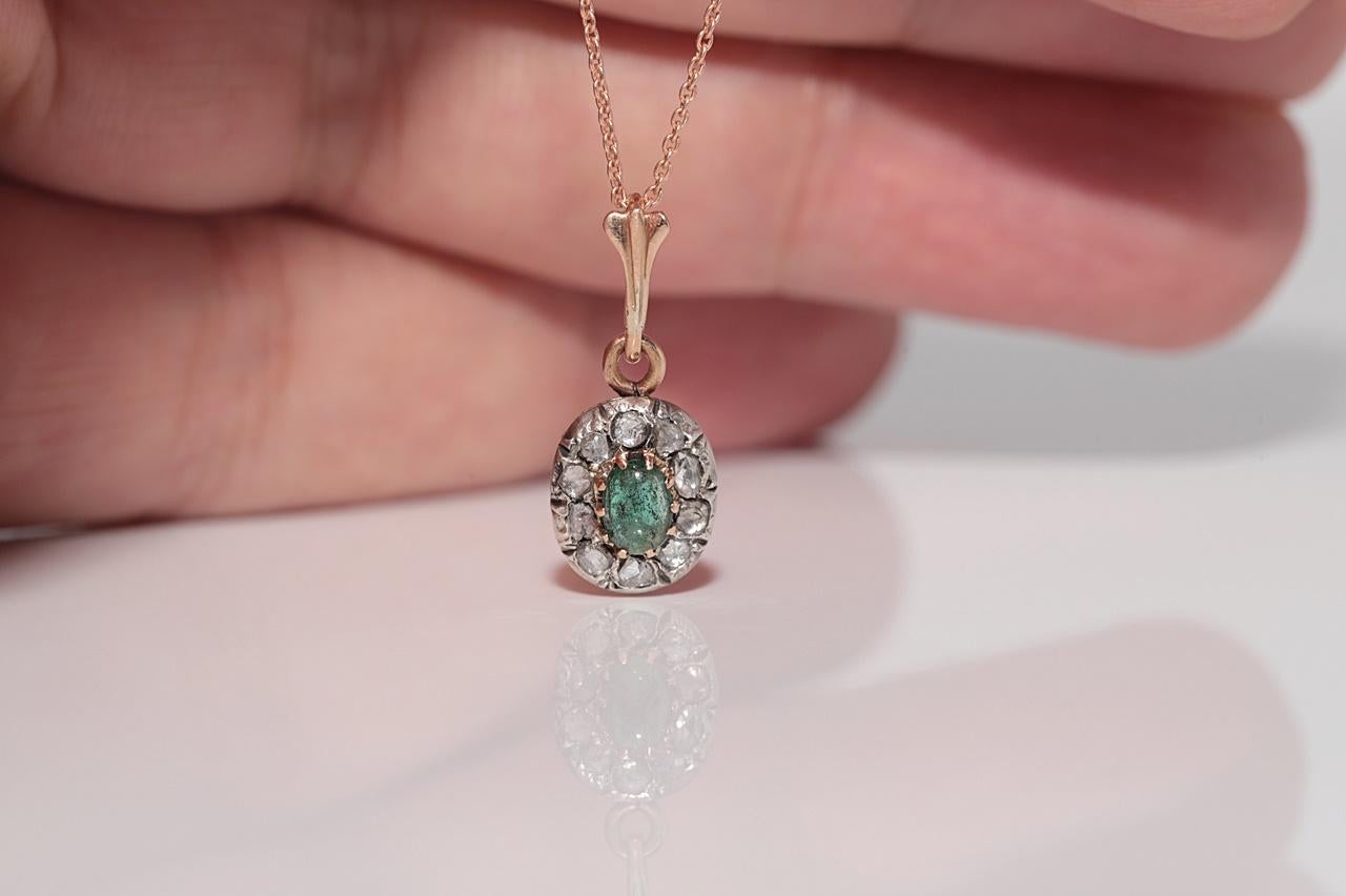 Women's Antique 14k Gold Top Silver Natural Rose Cut Diamond Emerald Necklace For Sale