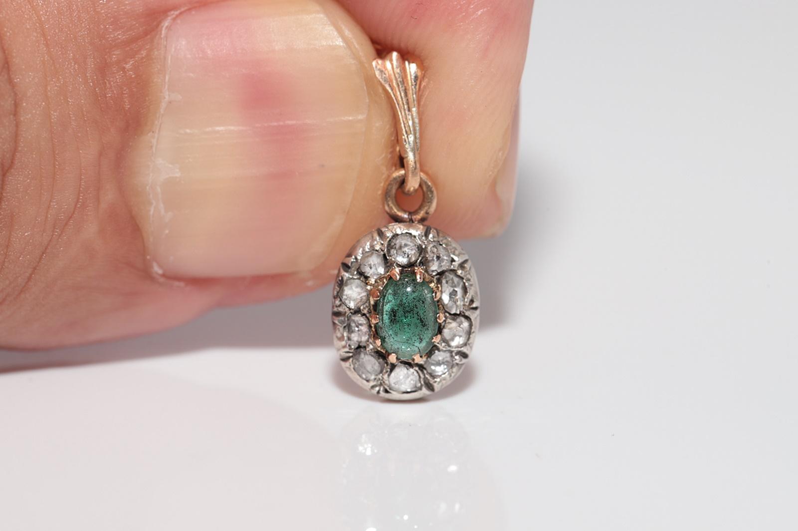 Antique 14k Gold Top Silver Natural Rose Cut Diamond Emerald Necklace For Sale 2