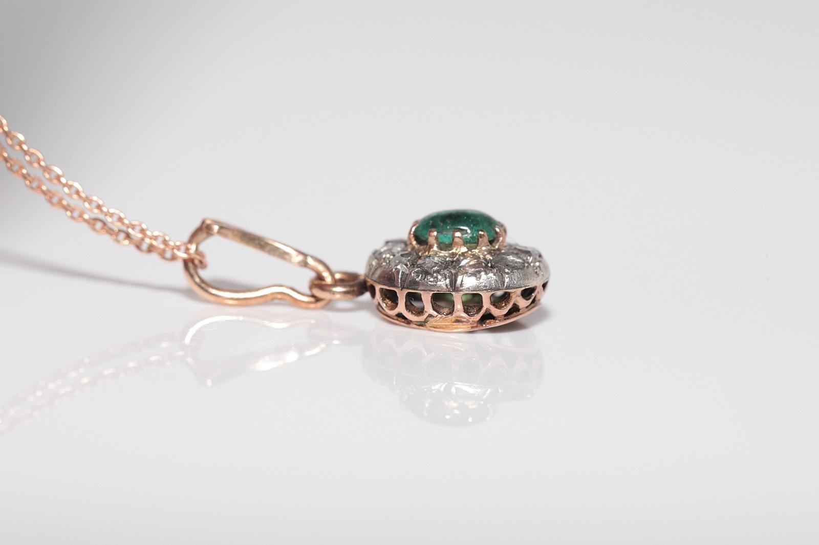 Antique 14k Gold Top Silver Natural Rose Cut Diamond Emerald Necklace For Sale 3