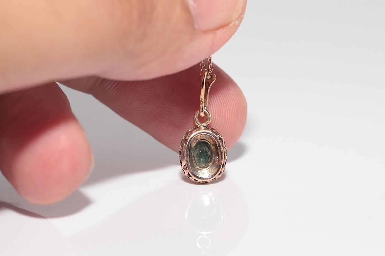 Antique 14k Gold Top Silver Natural Rose Cut Diamond Emerald Necklace For Sale 4