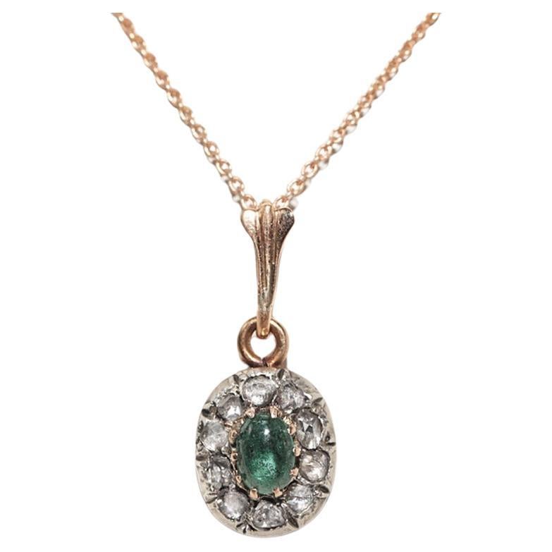 Antique 14k Gold Top Silver Natural Rose Cut Diamond Emerald Necklace For Sale
