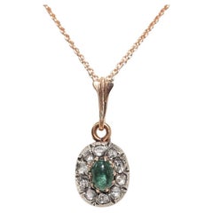 Antique 14k Gold Top Silver Natural Rose Cut Diamond Emerald Necklace