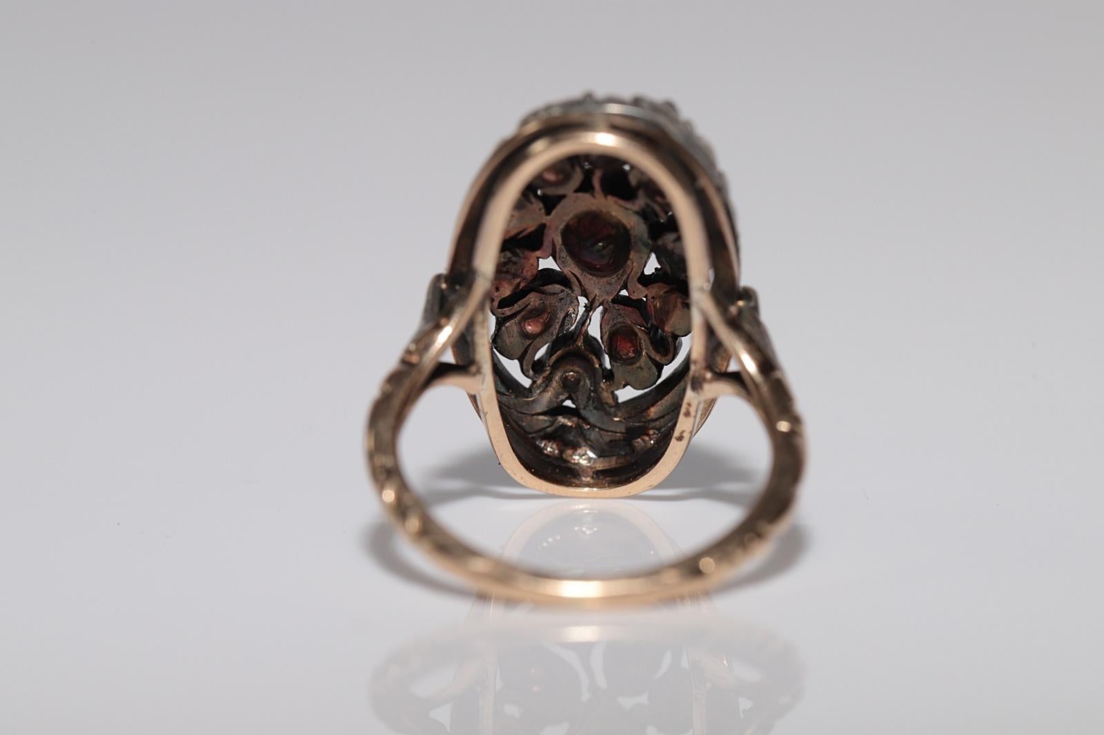 Anello antico in oro 14k e argento con diamante naturale taglio rosa e design a tulipano in vendita 5