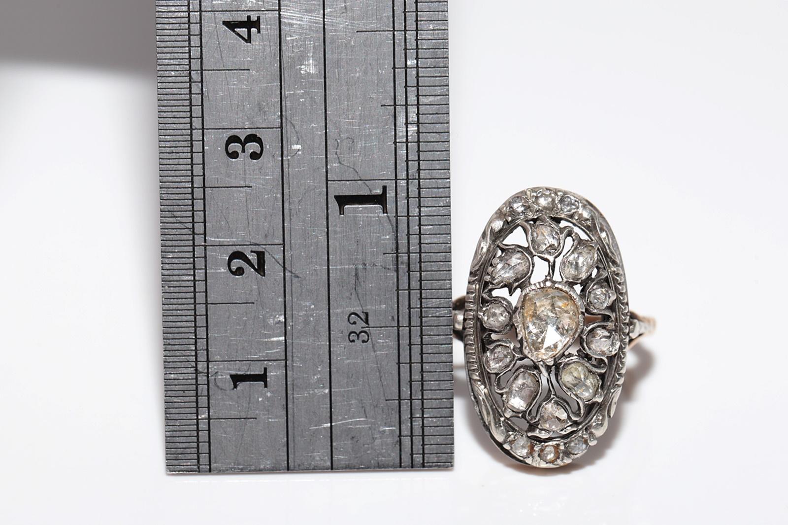 Anello antico in oro 14k e argento con diamante naturale taglio rosa e design a tulipano in vendita 7
