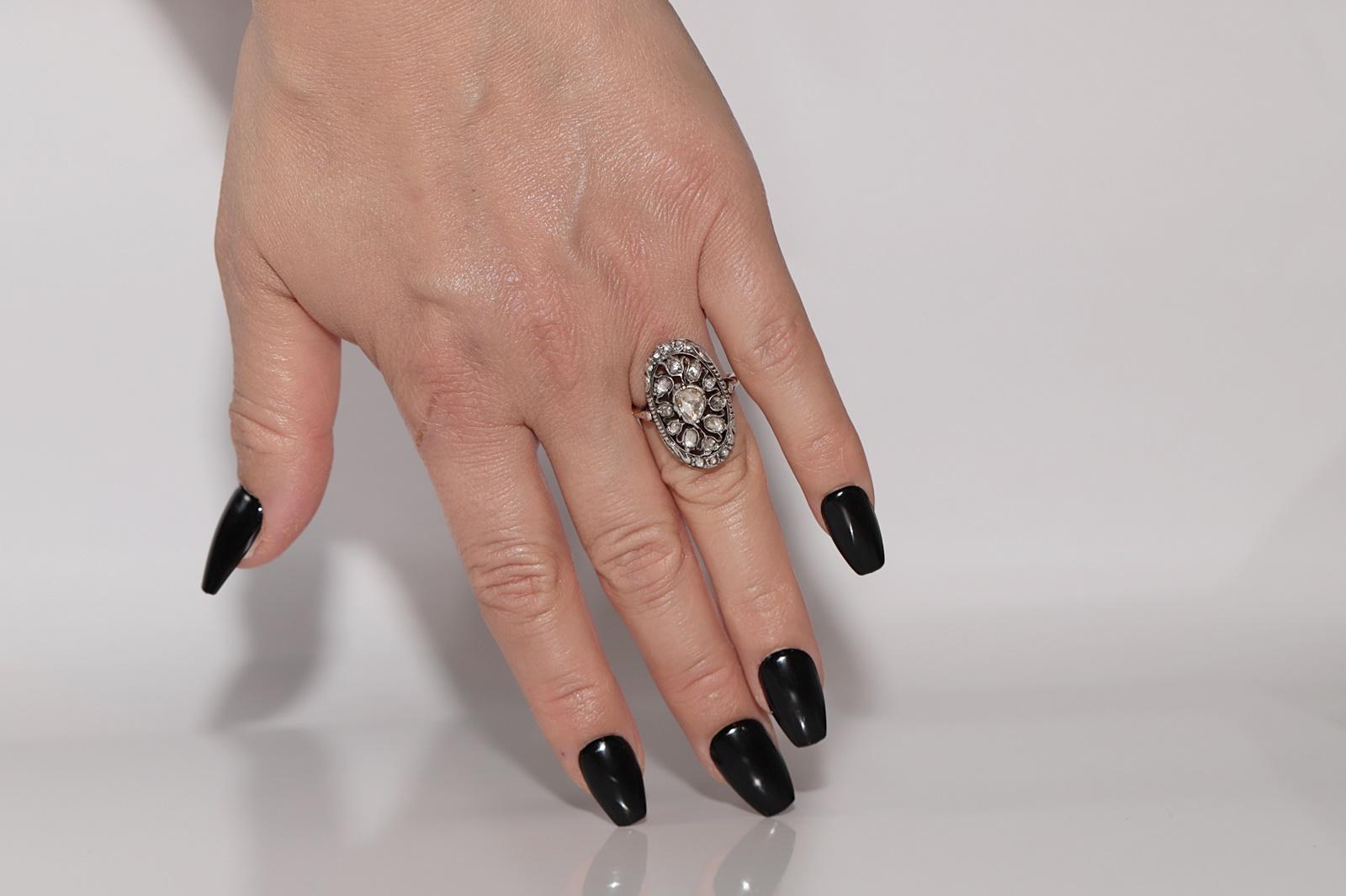 Anello antico in oro 14k e argento con diamante naturale taglio rosa e design a tulipano in vendita 8