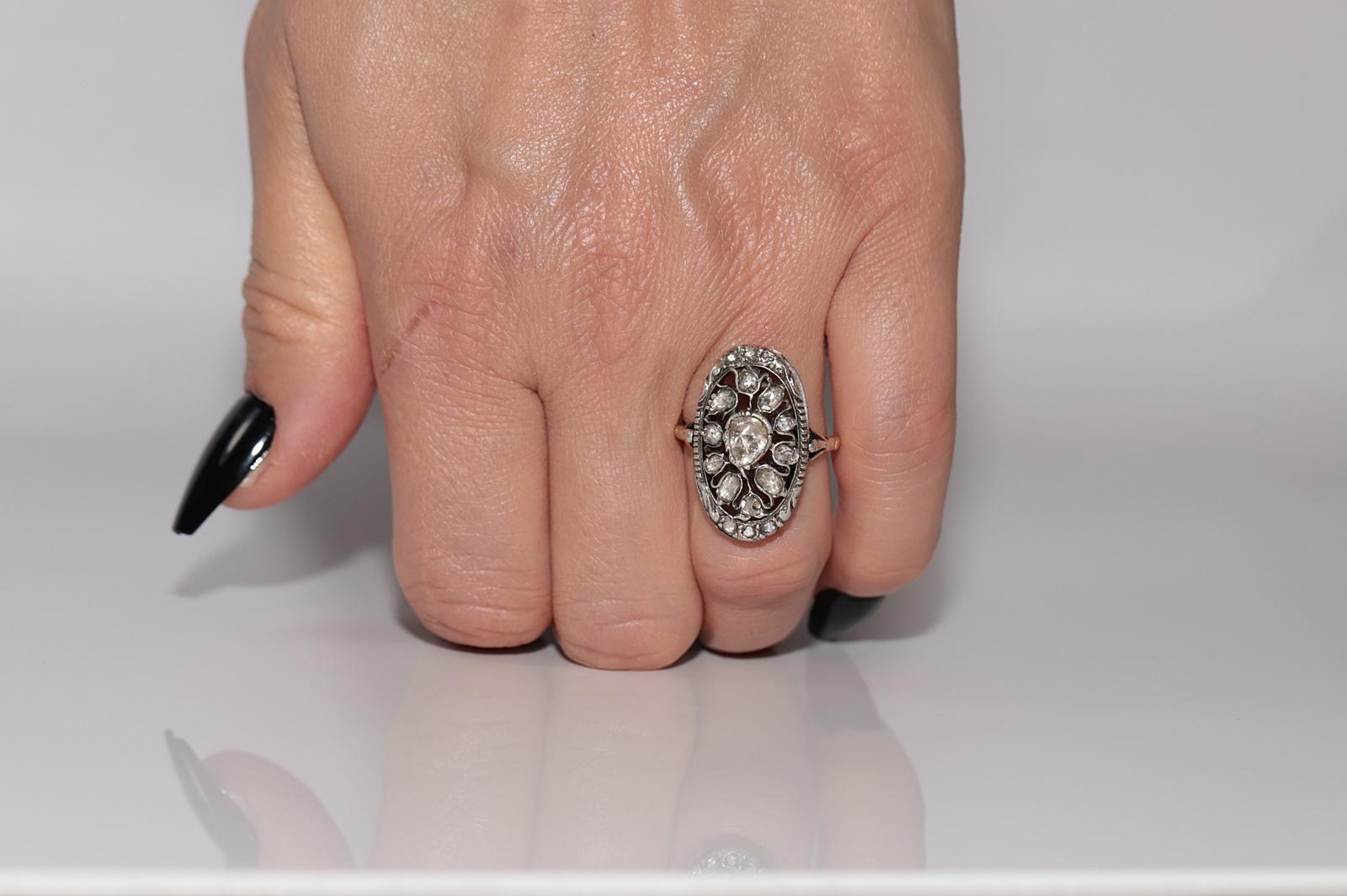Anello antico in oro 14k e argento con diamante naturale taglio rosa e design a tulipano in vendita 9