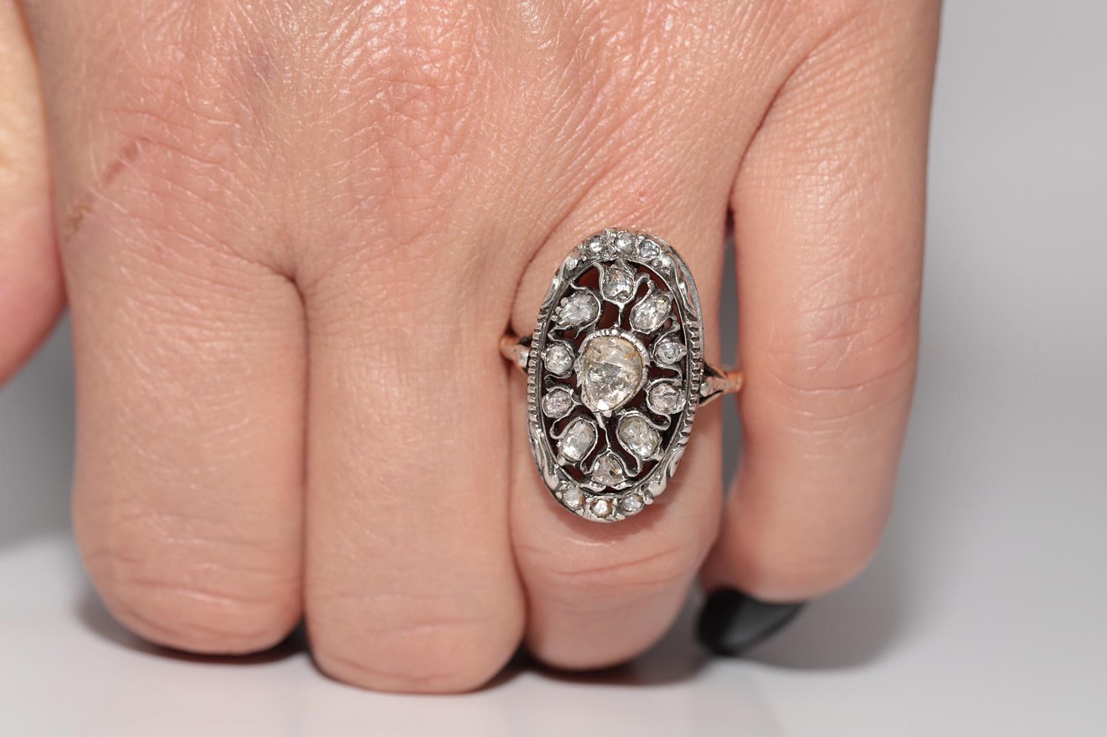 Anello antico in oro 14k e argento con diamante naturale taglio rosa e design a tulipano in vendita 10