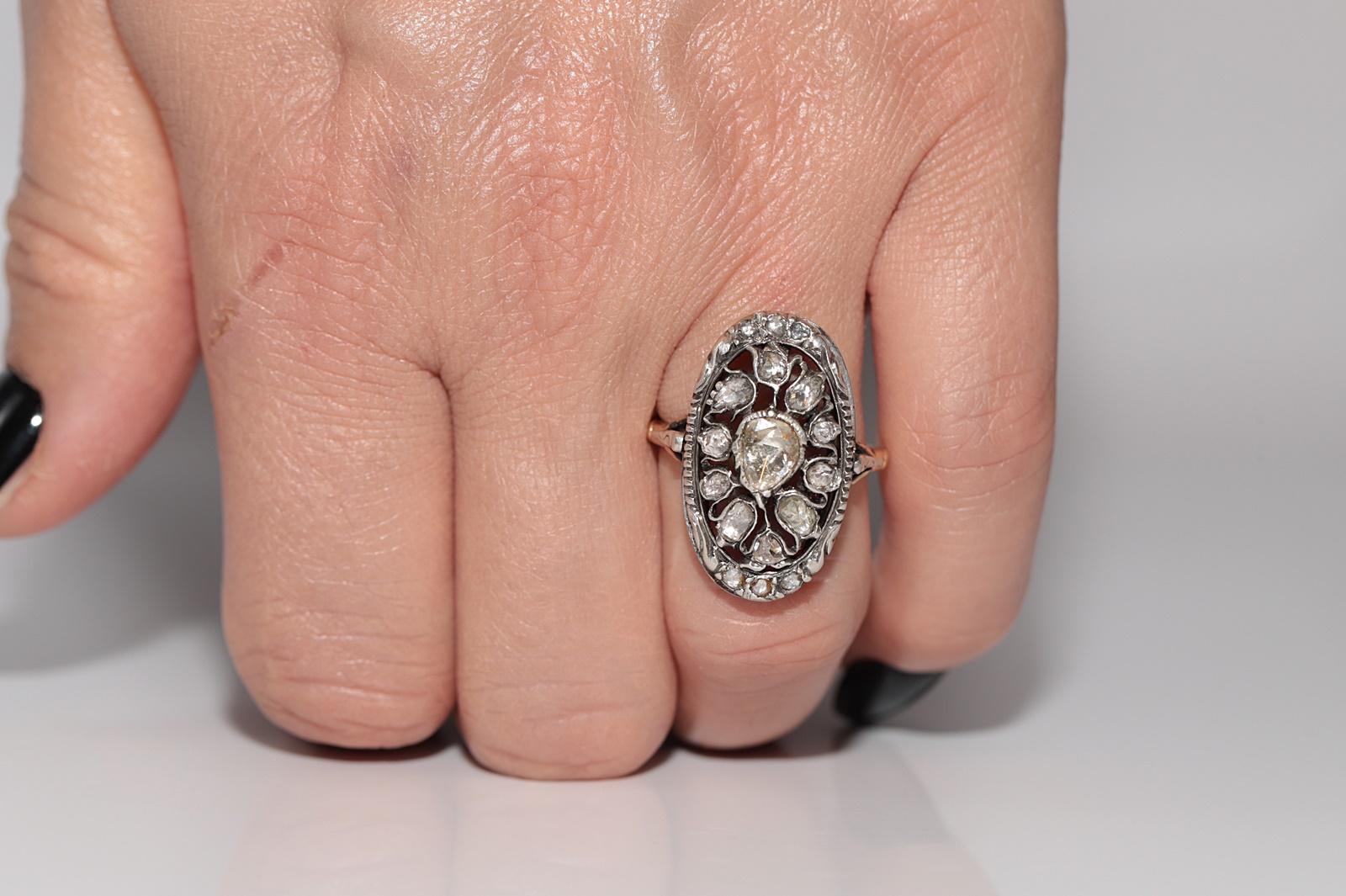Anello antico in oro 14k e argento con diamante naturale taglio rosa e design a tulipano in vendita 11