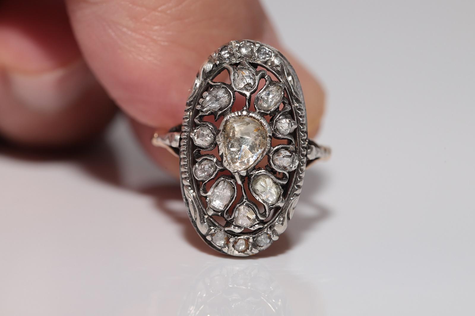 Anello antico in oro 14k e argento con diamante naturale taglio rosa e design a tulipano In condizioni buone in vendita a Fatih/İstanbul, 34