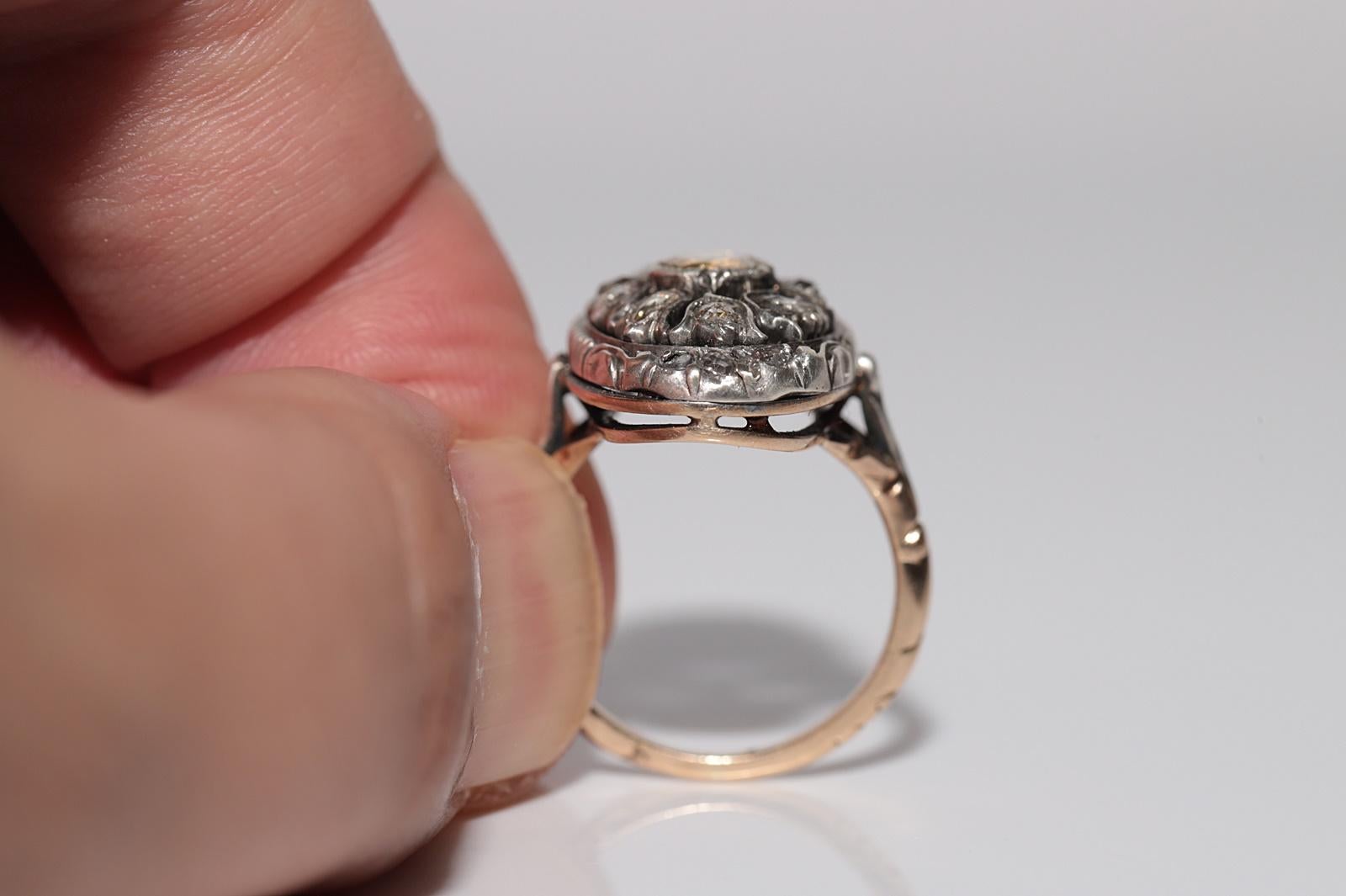 Donna Anello antico in oro 14k e argento con diamante naturale taglio rosa e design a tulipano in vendita