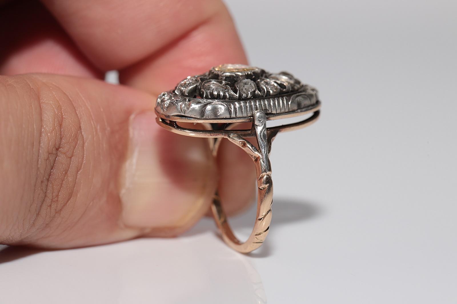Anello antico in oro 14k e argento con diamante naturale taglio rosa e design a tulipano in vendita 1