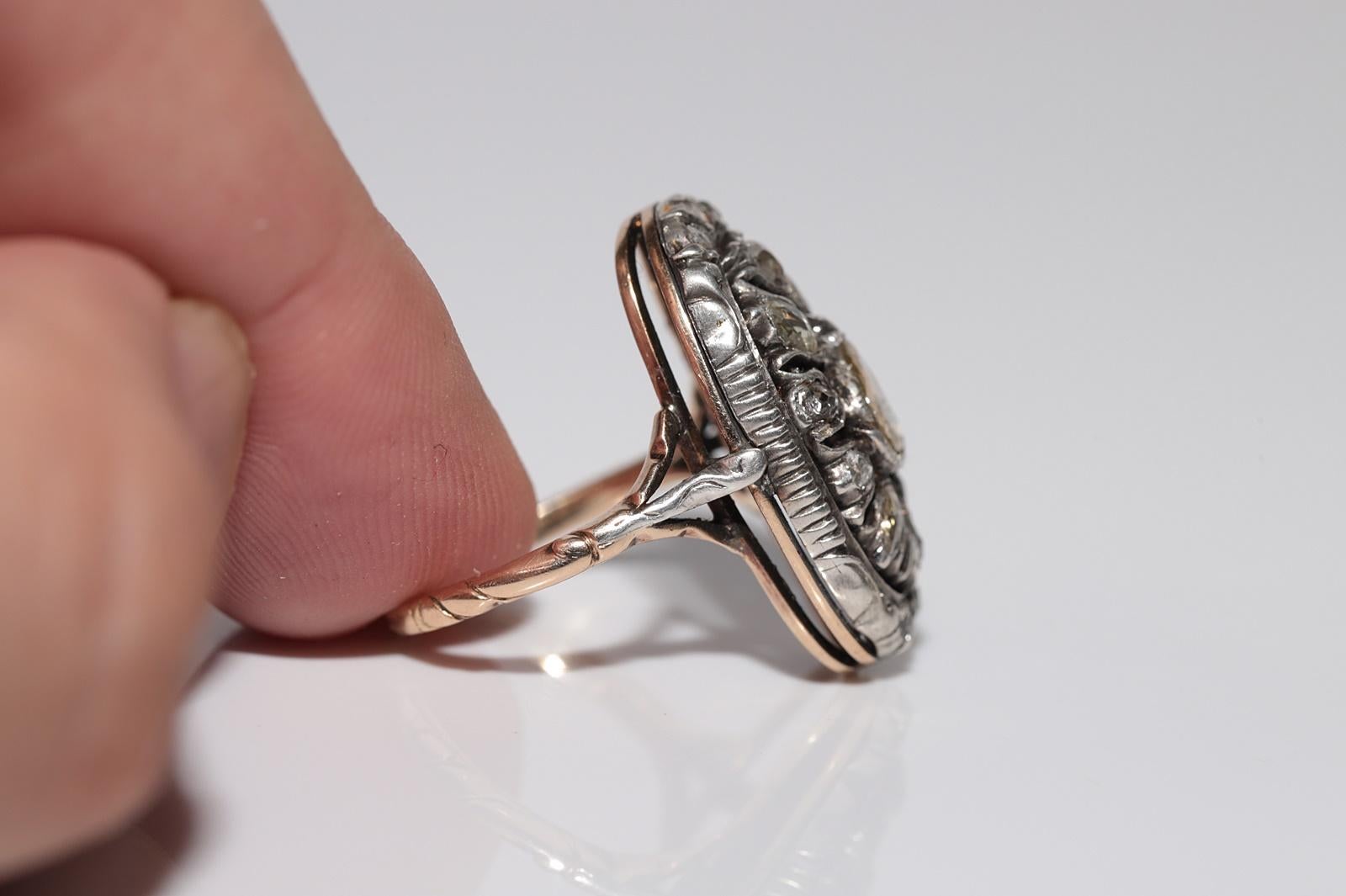 Anello antico in oro 14k e argento con diamante naturale taglio rosa e design a tulipano in vendita 2