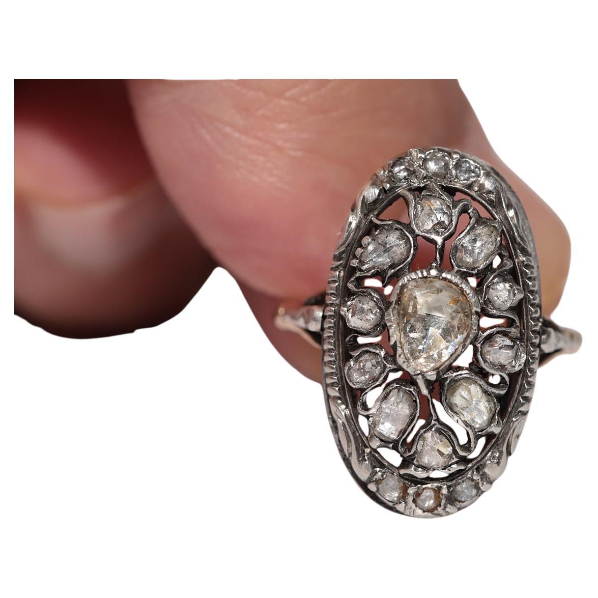 Antique 14k Gold Top Silver Natural Rose Cut Diamond Tulip Design Ring