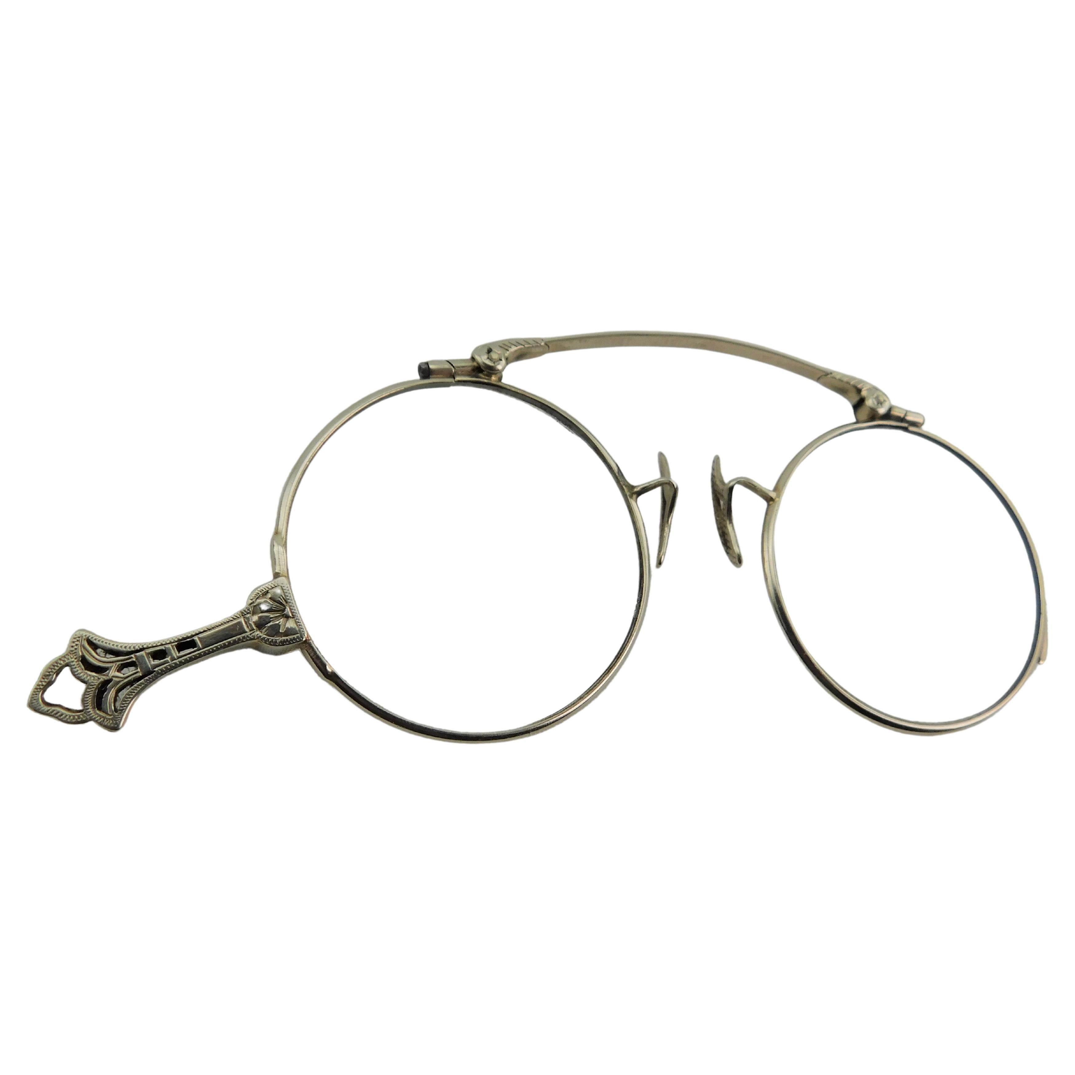 Antique 14K Gold Victorian Vintage Spectacles Lorgnette Eyeglasses with Handle en vente