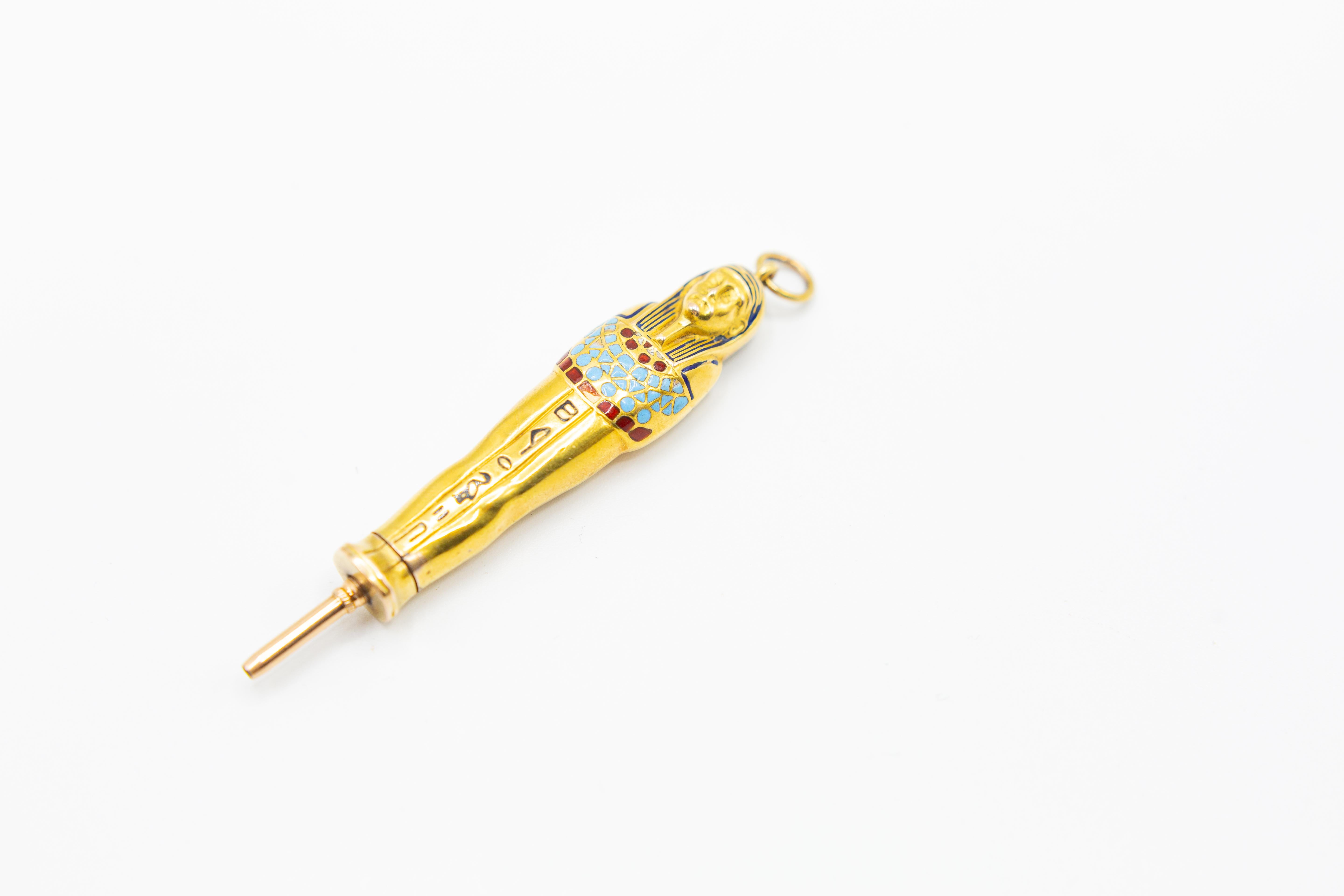 Women's or Men's Antique 14 Karat Gold with Enamel Egyptian Propelling Pencil, Mummy For Sale