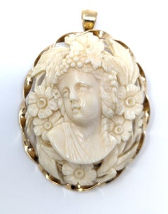 Antique 14k Hand Carved Bone Cameo Pendant Brooch High Relief Solid Yellow Gold