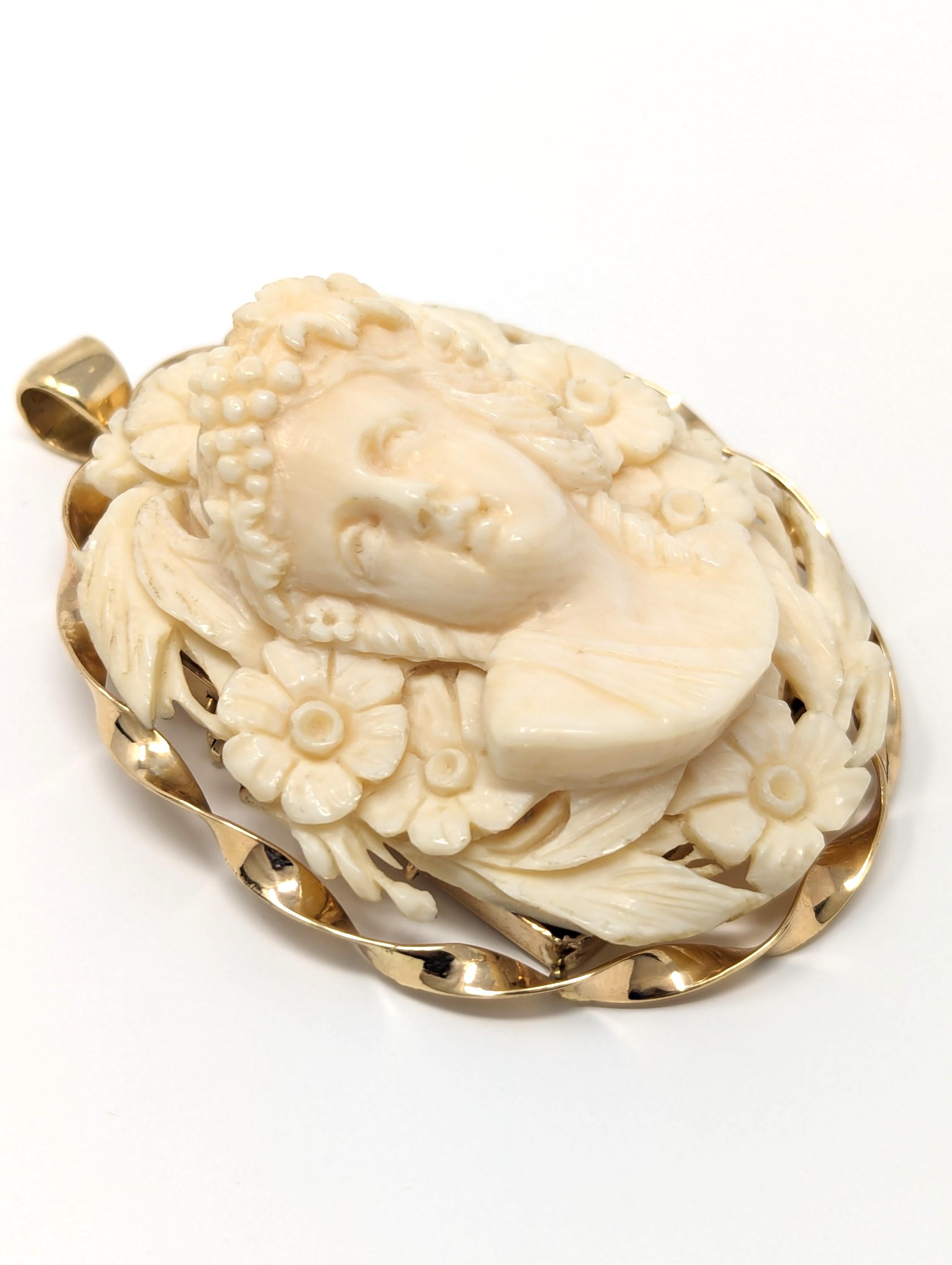 Victorian Antique 14k Hand Carved Bone Cameo Pendant Brooch High Relief Solid Yellow Gold For Sale