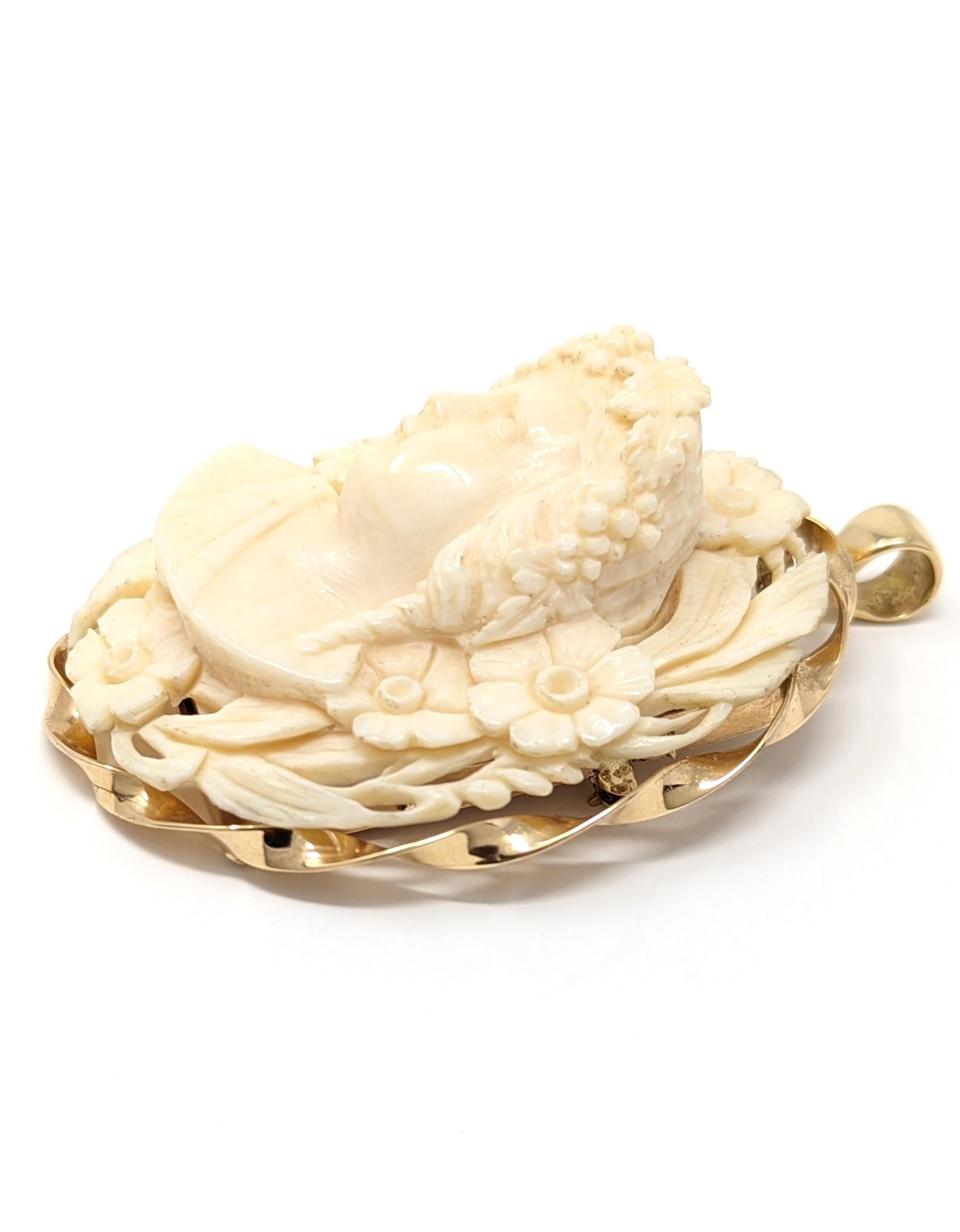 Antique 14k Hand Carved Bone Cameo Pendant Brooch High Relief Solid Yellow Gold For Sale 1