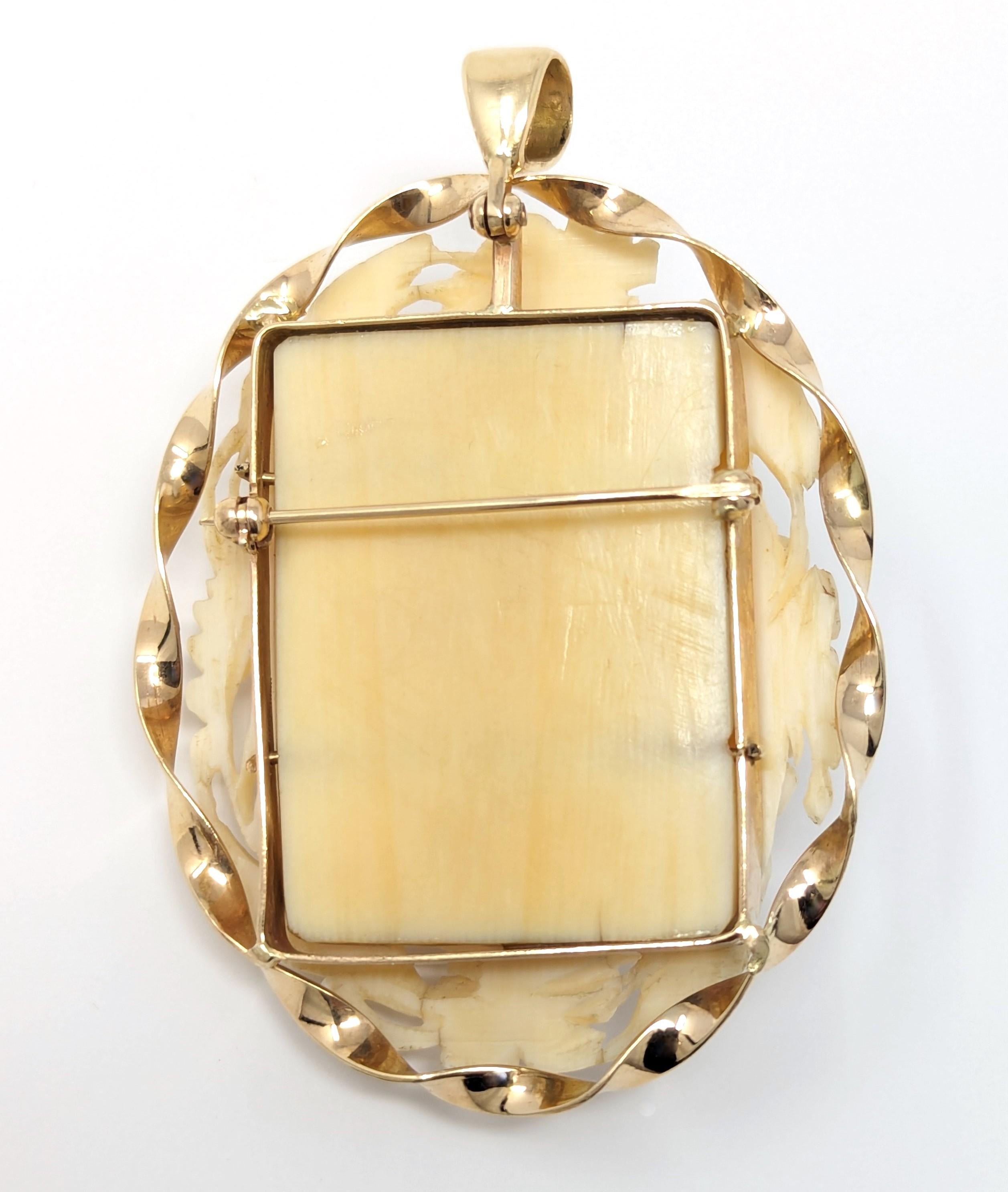 Antique 14k Hand Carved Bone Cameo Pendant Brooch High Relief Solid Yellow Gold For Sale 2