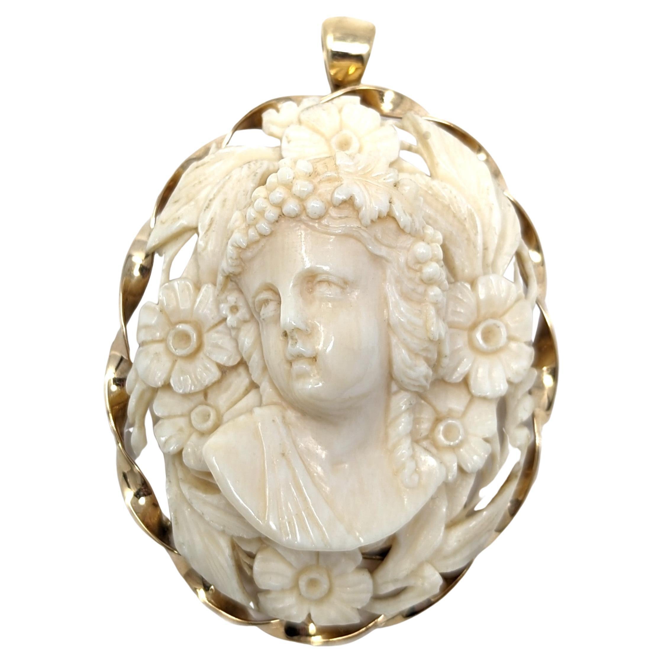 Antique 14k Hand Carved Bone Cameo Pendant Brooch High Relief Solid Yellow Gold For Sale