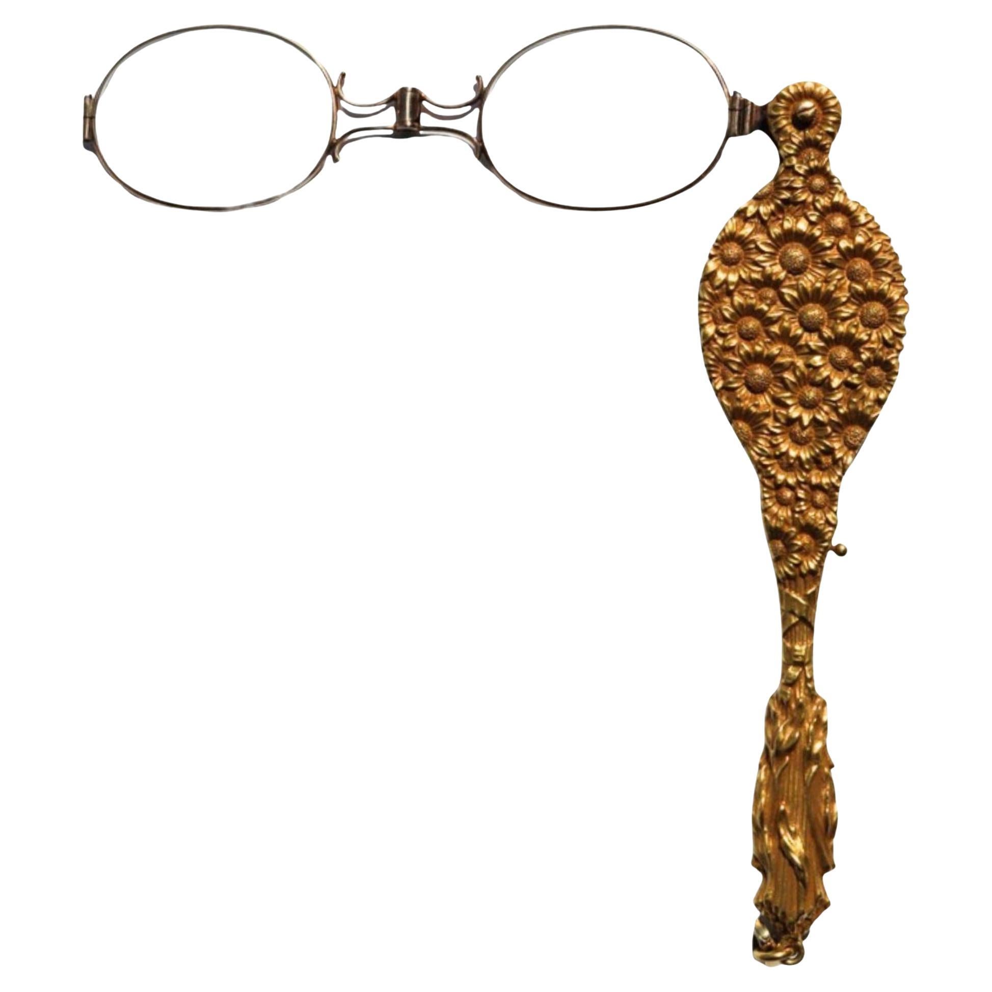 Antique 14K Lorgnette Lecteurs Motif Floral Art Nouveau Or Jaune