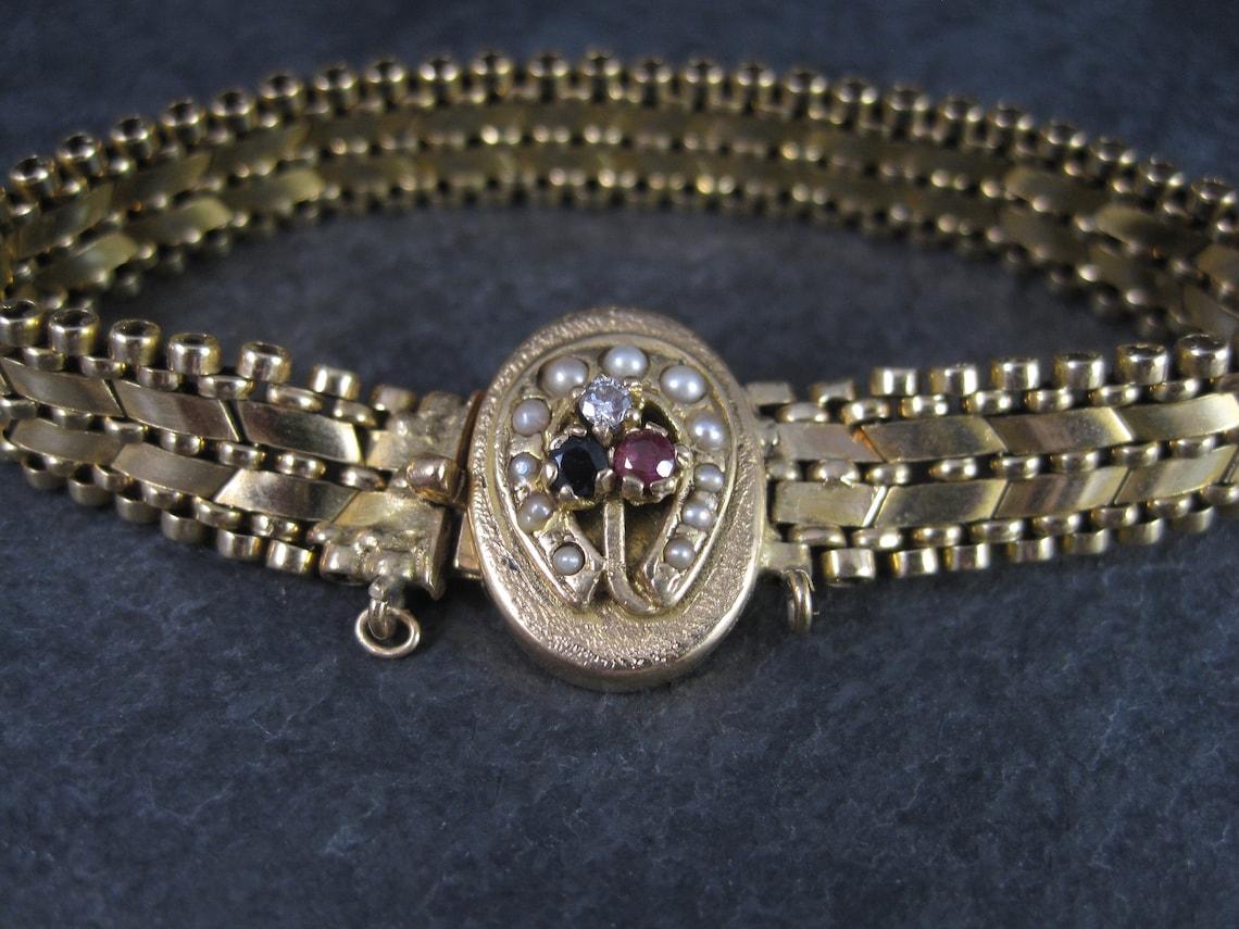 Art Deco Antique 14k Lucky Horseshoe Sapphire Ruby Seed Pearl Bracelet For Sale