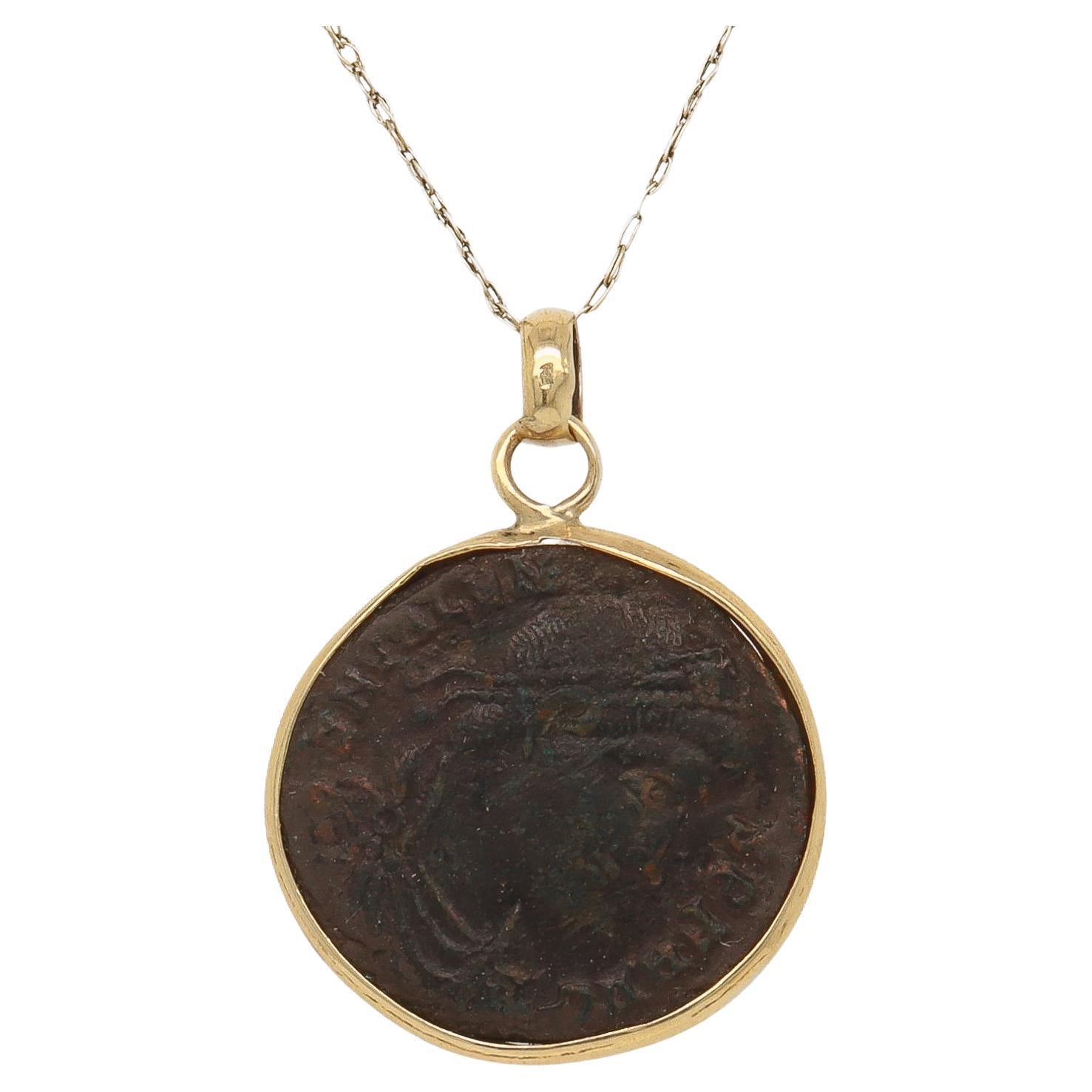 Antique 14k Mounted Ancient Bronze Coin Pendant for a Necklace