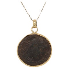 Antique 14k Mounted Ancient Bronze Coin Pendant for a Necklace
