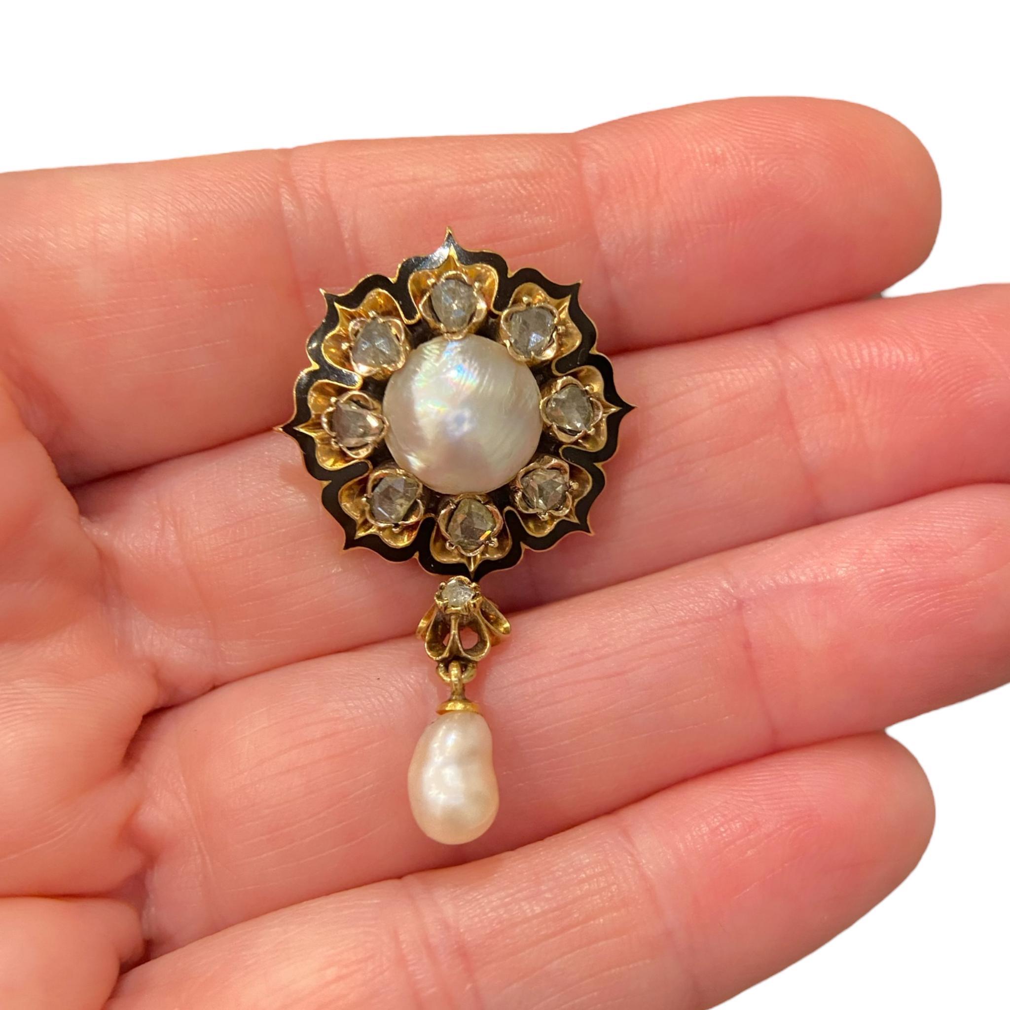 Antike 14K Perle Diamant Emaille Brosche Anhänger im Angebot 5
