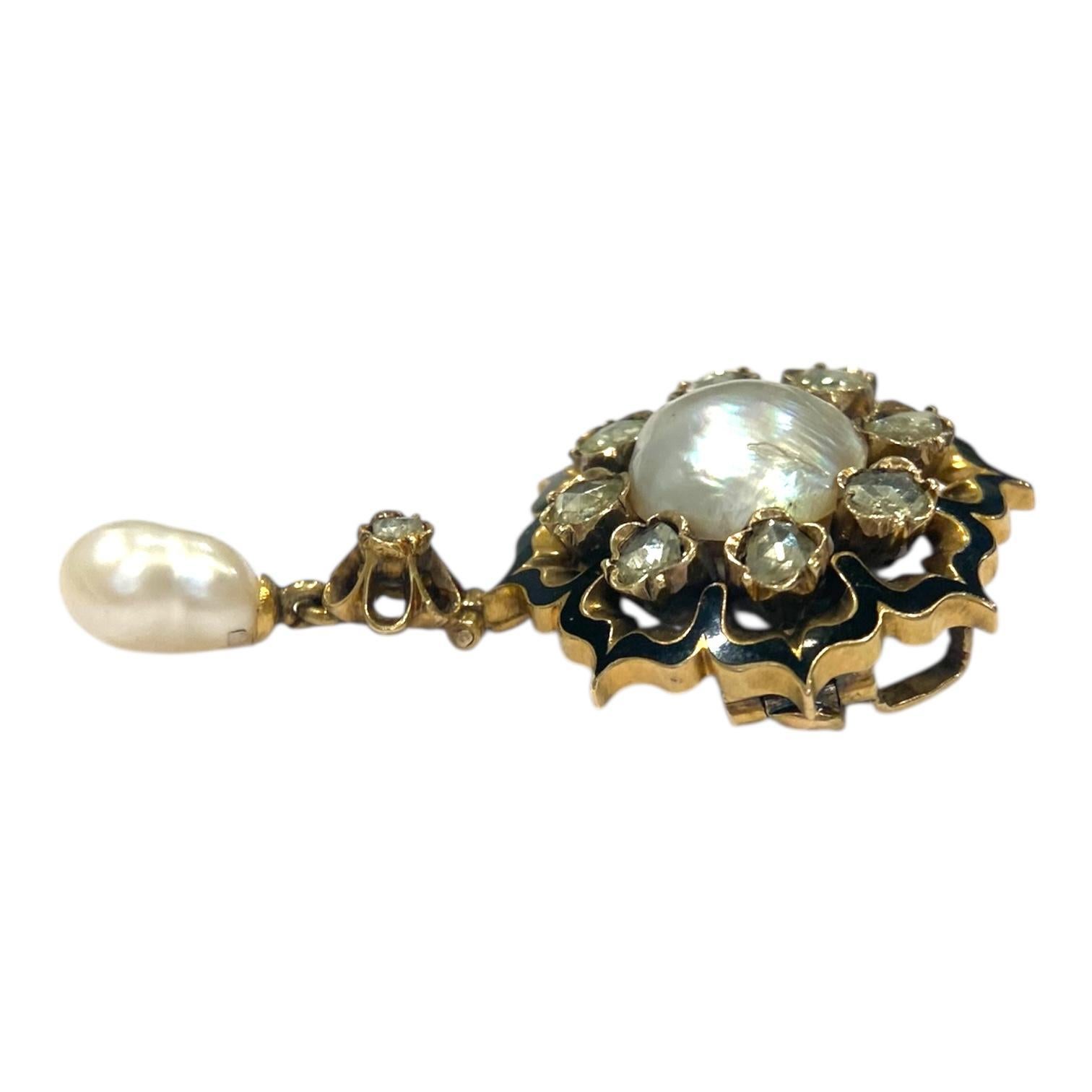 Antike 14K Perle Diamant Emaille Brosche Anhänger (Viktorianisch) im Angebot