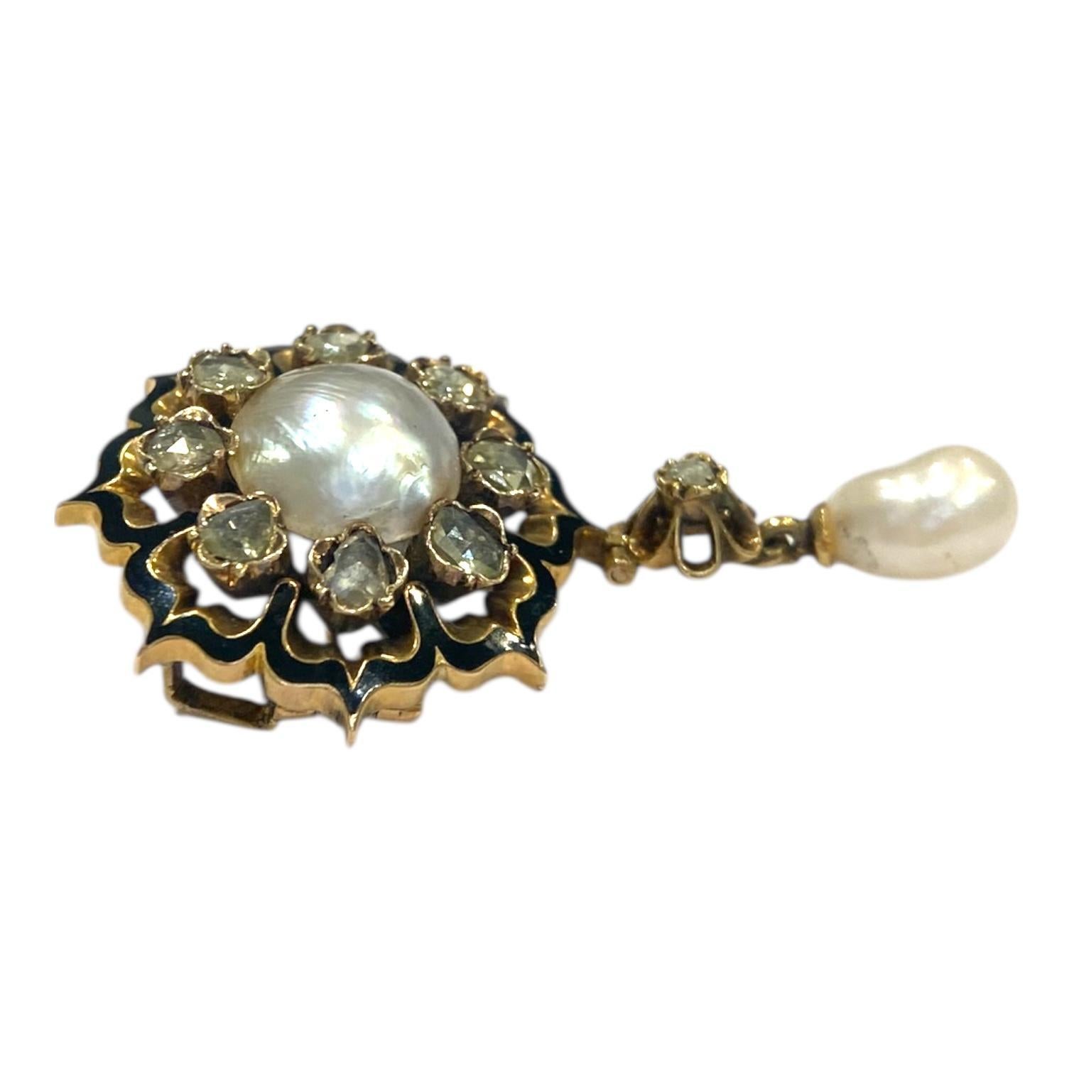 Antike 14K Perle Diamant Emaille Brosche Anhänger im Zustand „Gut“ im Angebot in Henderson, NV
