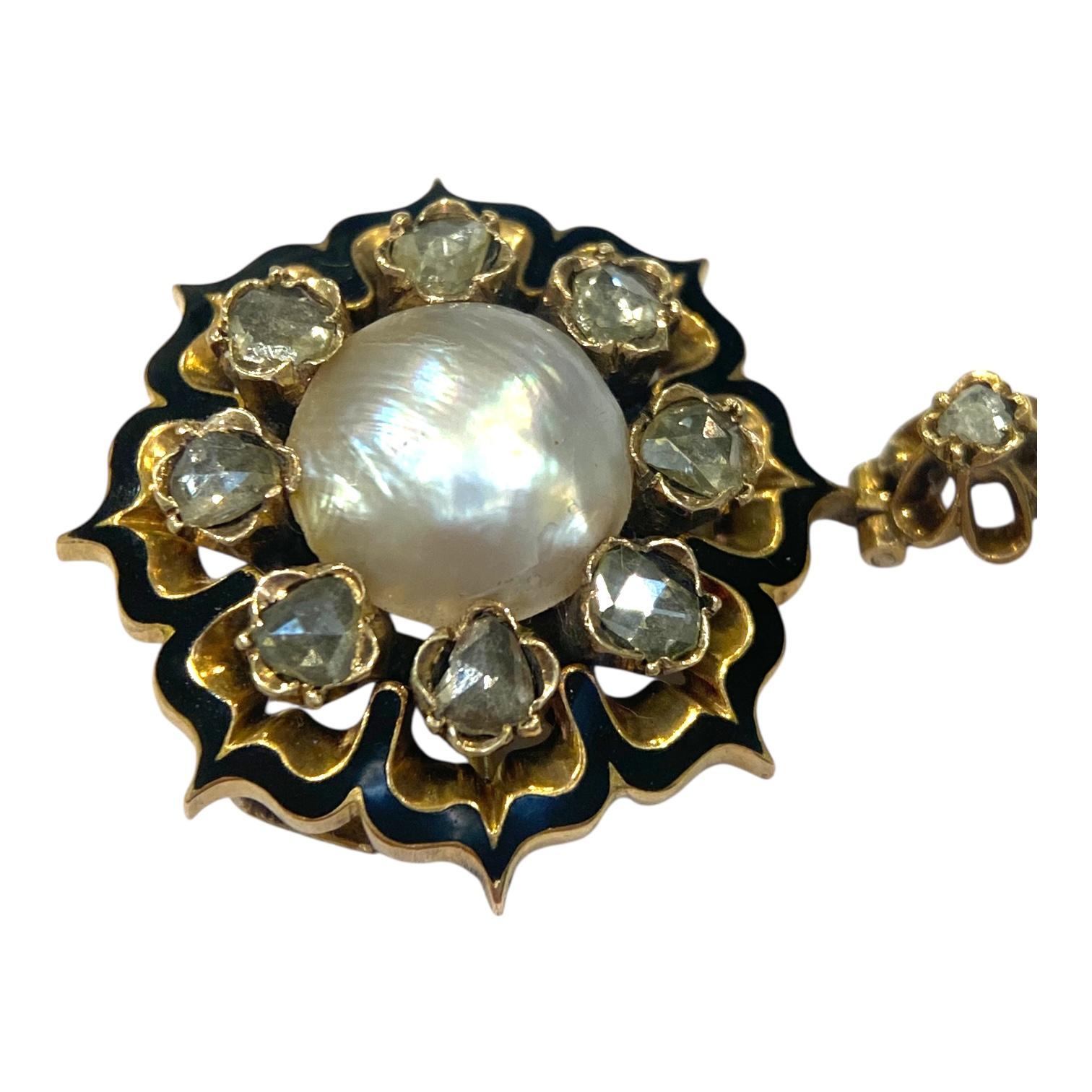 Antike 14K Perle Diamant Emaille Brosche Anhänger Damen im Angebot