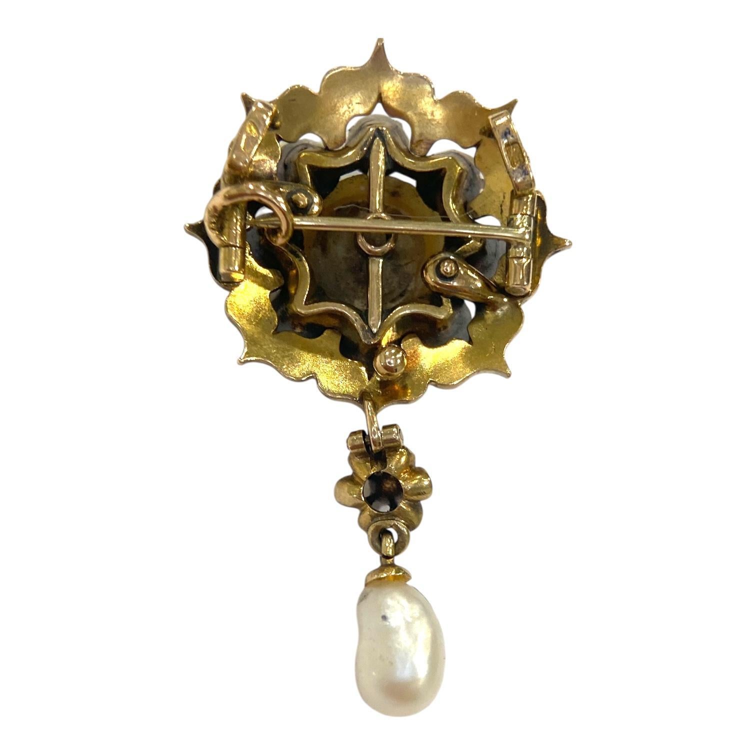 Antike 14K Perle Diamant Emaille Brosche Anhänger im Angebot 1