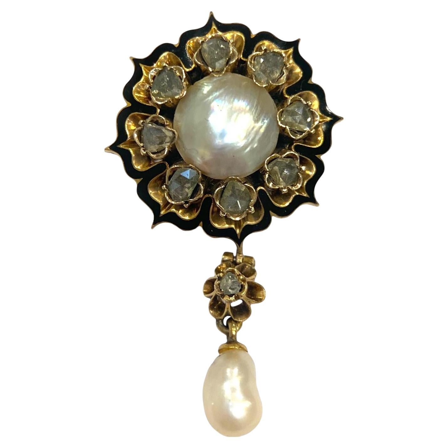 Antique 14K Pearl Diamond Enamel Brooch Pendant