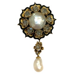Antike 14K Perle Diamant Emaille Brosche Anhänger