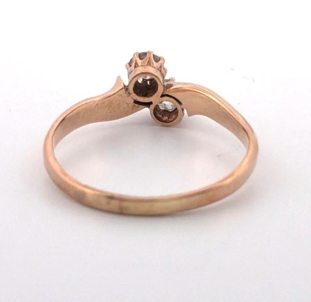 Art Deco Antique 14K Rose Gold 0.40CTW Old Mine Cut Diamond 2-Stone Bypass Ring Size 9.75 For Sale