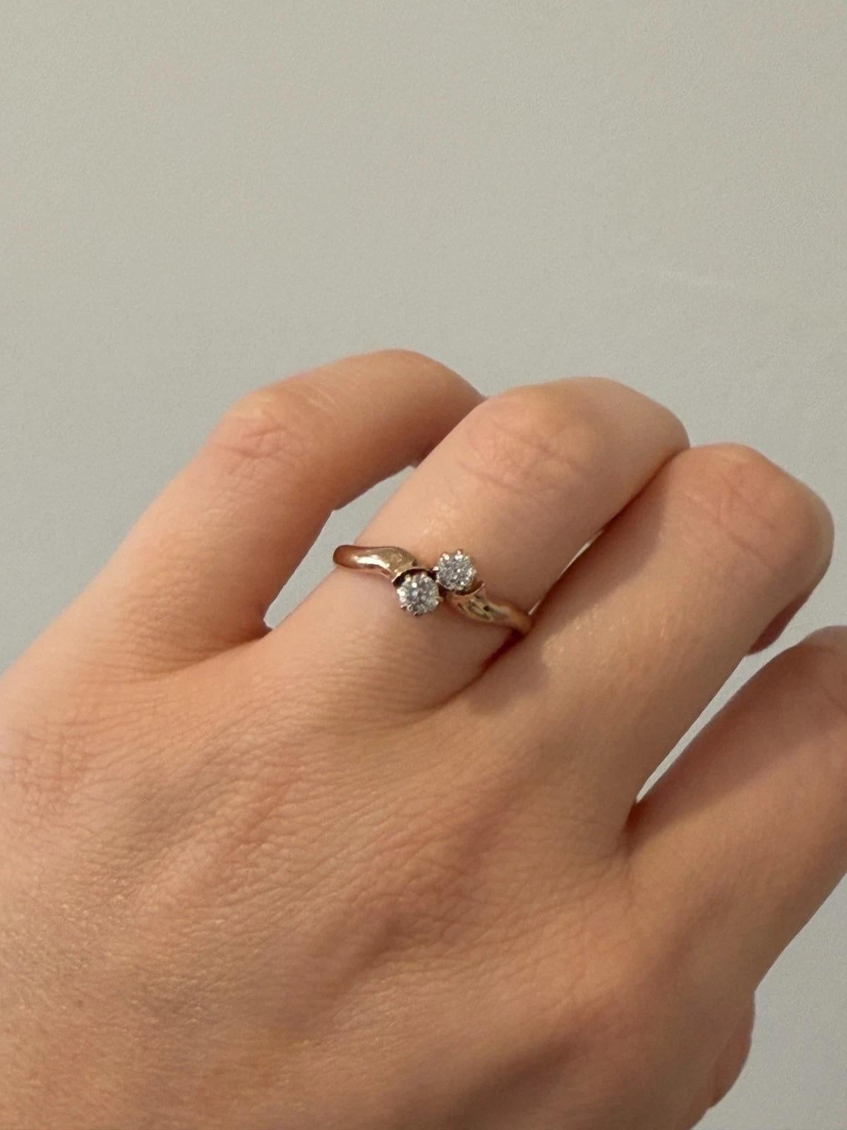 Women's Antique 14K Rose Gold 0.40CTW Old Mine Cut Diamond 2-Stone Bypass Ring Size 9.75 For Sale