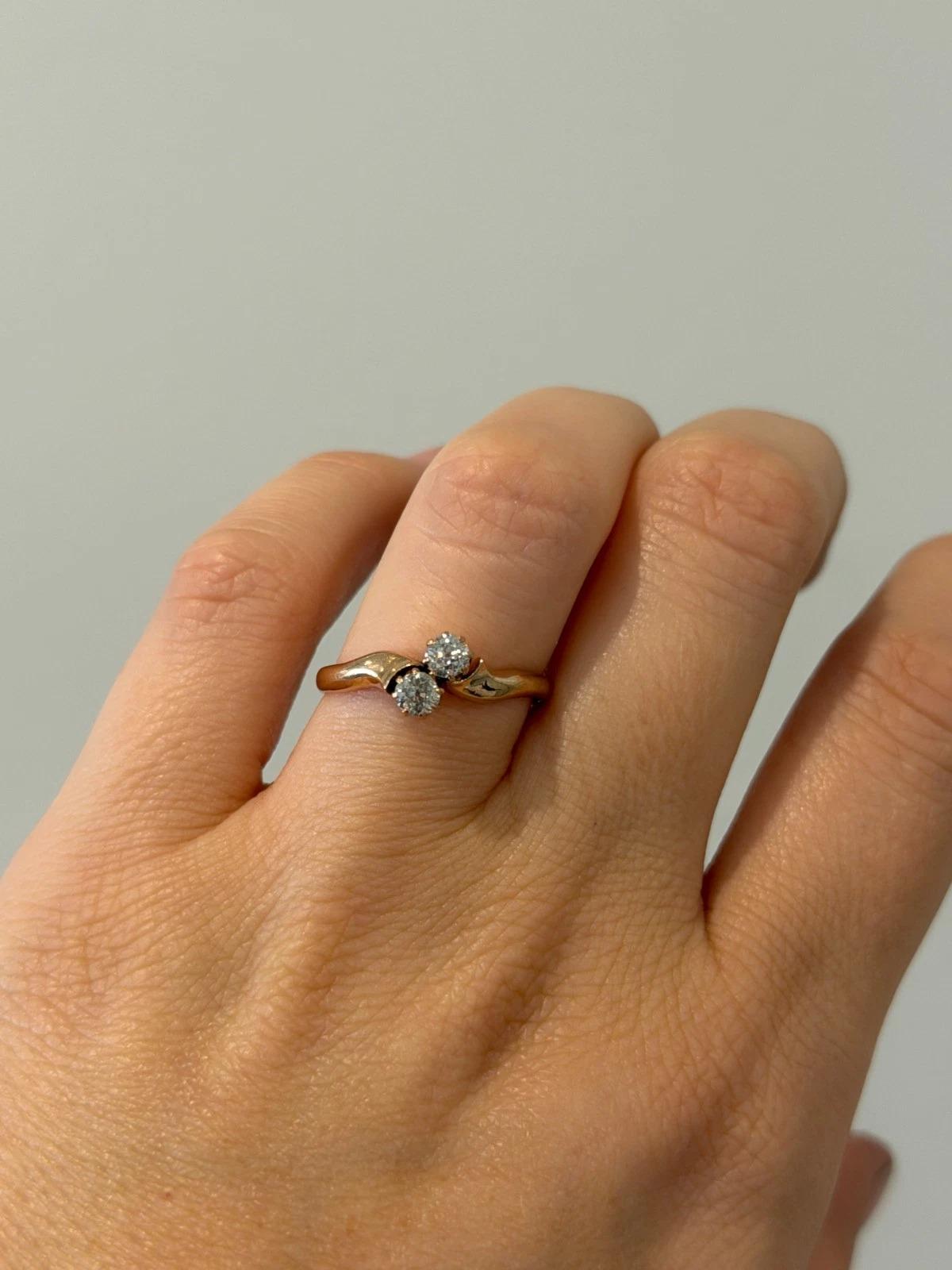 Antique 14K Rose Gold 0.40CTW Old Mine Cut Diamond 2-Stone Bypass Ring Size 9.75 For Sale 3