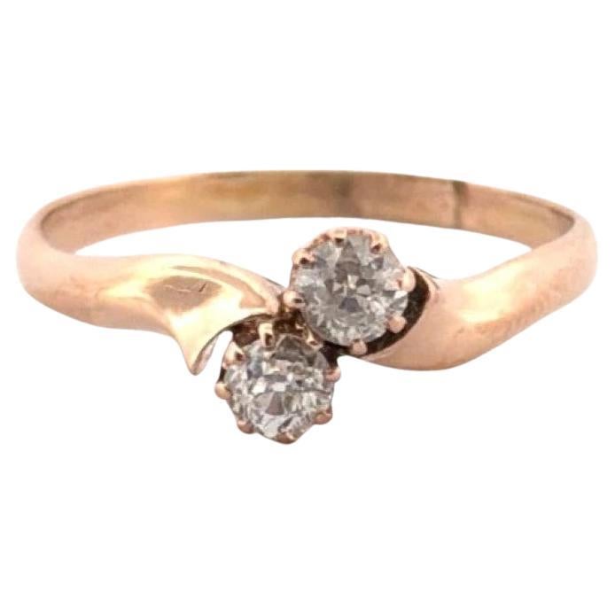 Antique 14K Rose Gold 0.40CTW Old Mine Cut Diamond 2-Stone Bypass Ring Size 9.75 For Sale