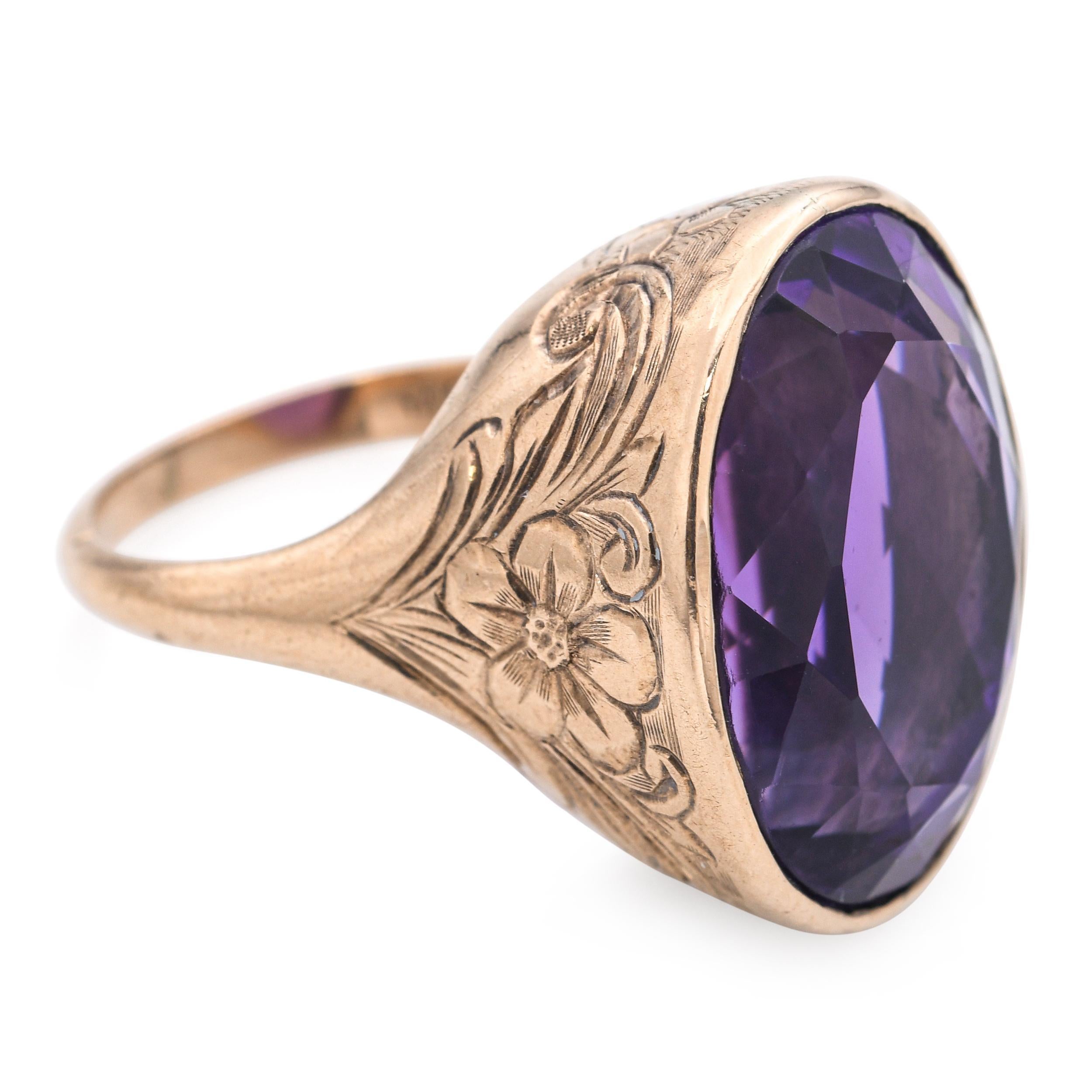 Bague ancienne en or rose 14k 17ct gravée d'une fleur d'améthyste Pour femmes en vente