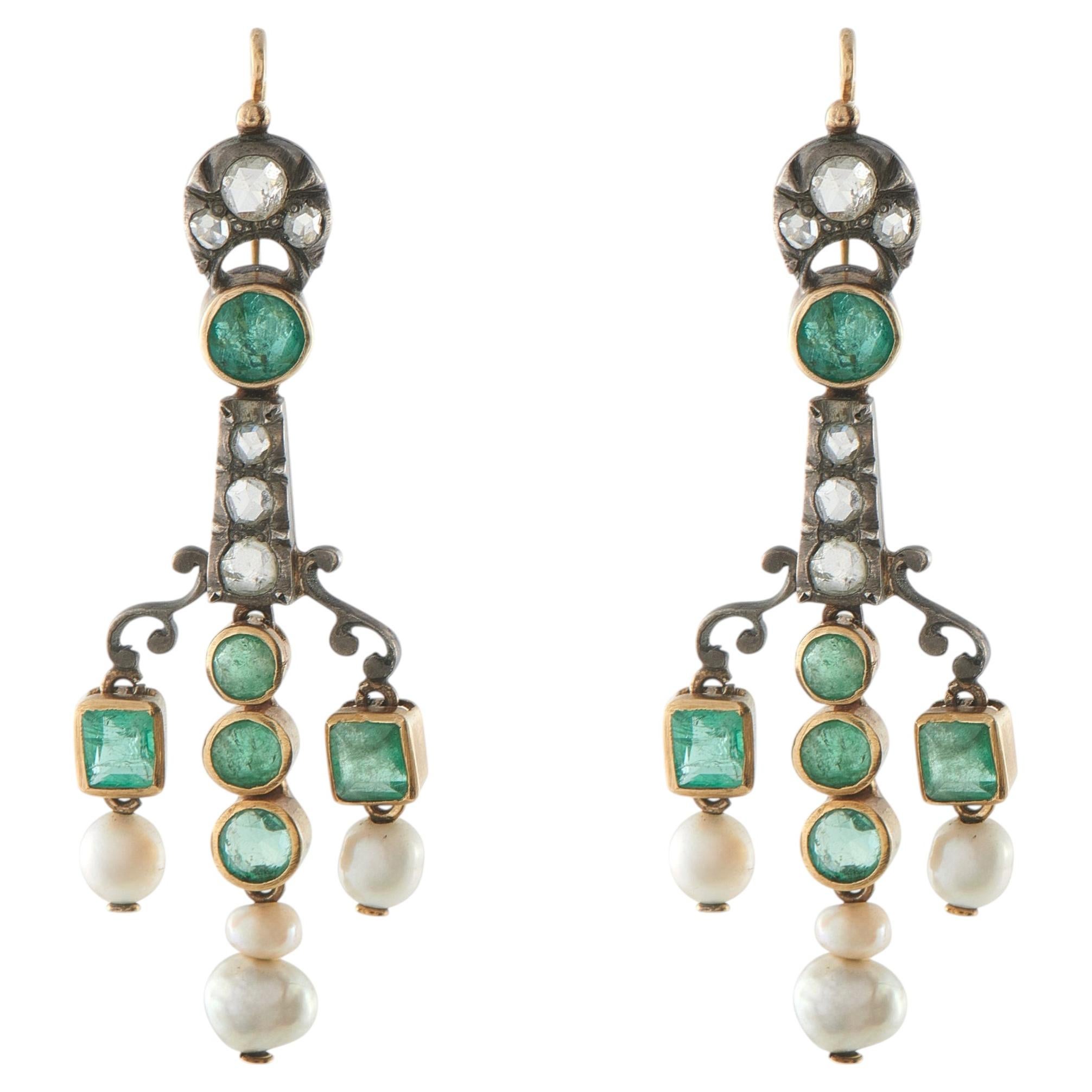 Orecchini antichi in oro rosa 14K e argento con diamanti e perle naturali da 0,70 carati in vendita