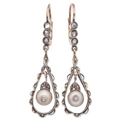 Antique 14k Rose Gold and Silver Pearl and Rose Cut Diamond Drop Earrings