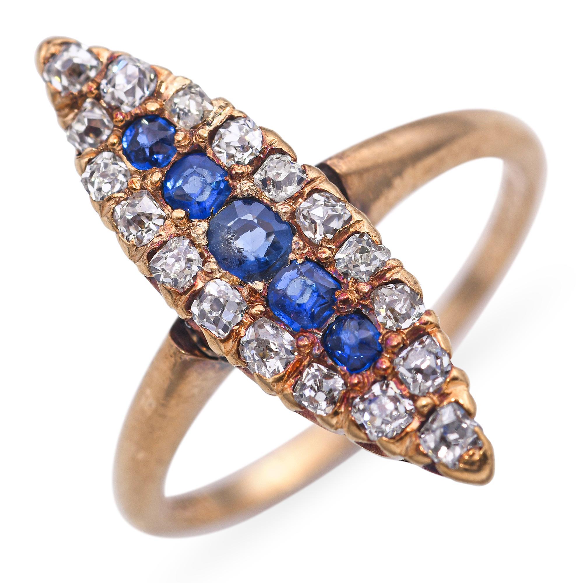 Bague ancienne en or rose 14k, diamant et saphir Navette en vente 3