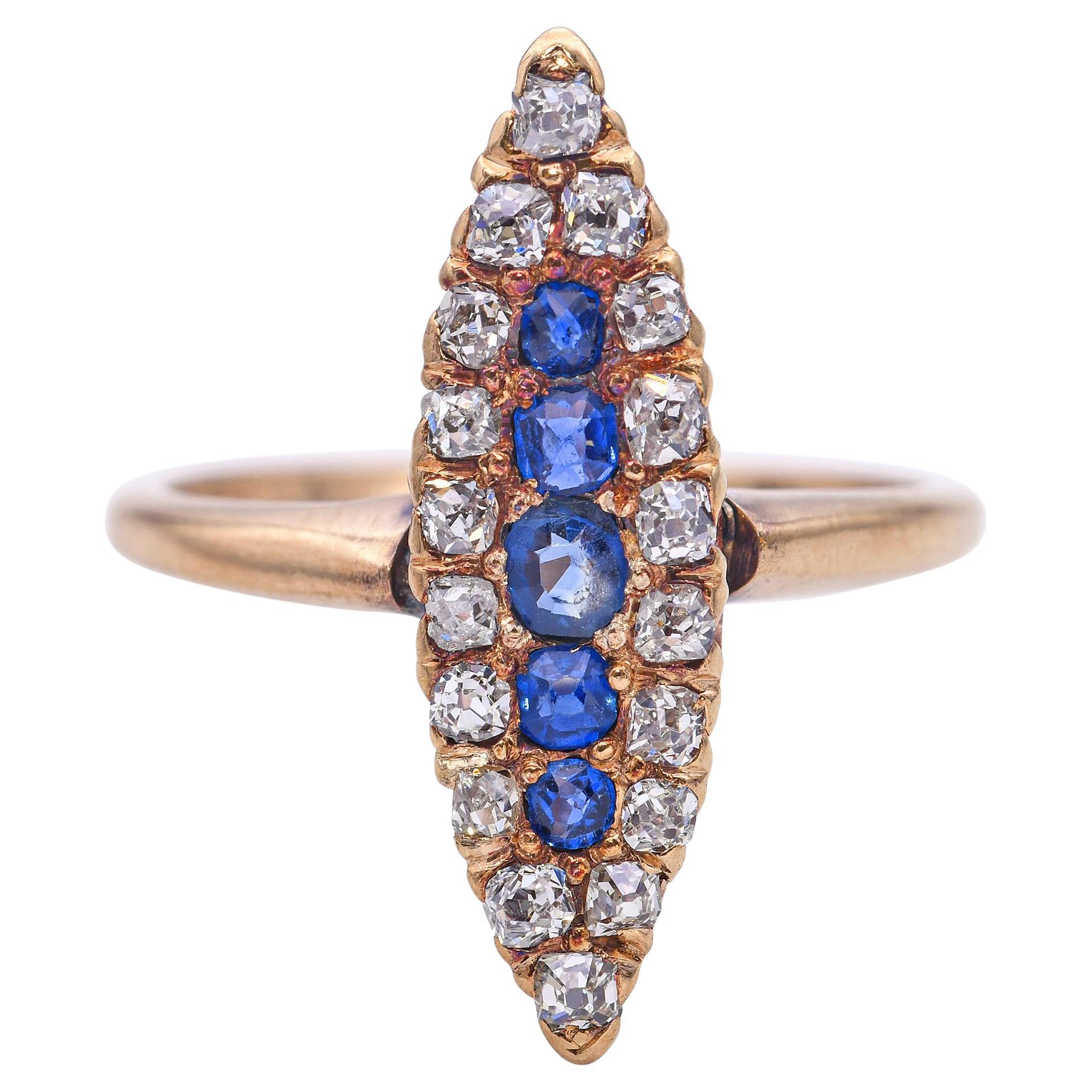 Bague ancienne en or rose 14k, diamant et saphir Navette