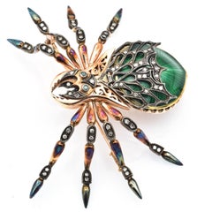 Antique 14K Rose Gold Enamel Spider Brooch With Diamonds And Emeralds