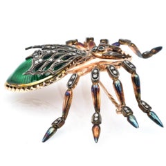 Antique 14k Rose Gold, Sterling Silver Enamel Spider Brooch Diamonds & Emeralds